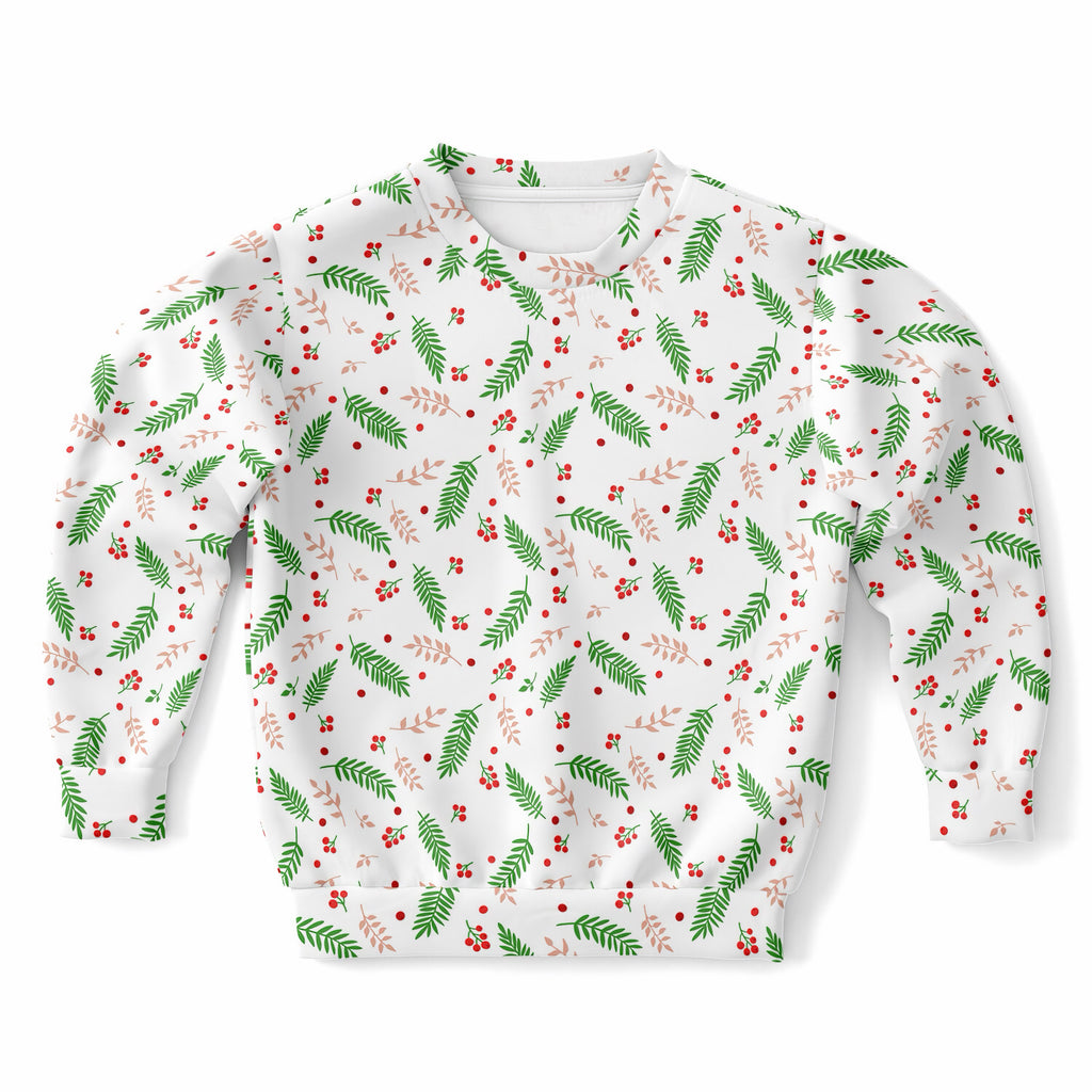 Kids Christmas Greenery and Red Berry Sweatshirt – Ultra Soft & Stretchy, Cozy Fleece or Lightweight Sports Fabric Sweatshirt – Ultra Soft & Stretchy, Cozy Fleece or Lightweight Sports Fabric