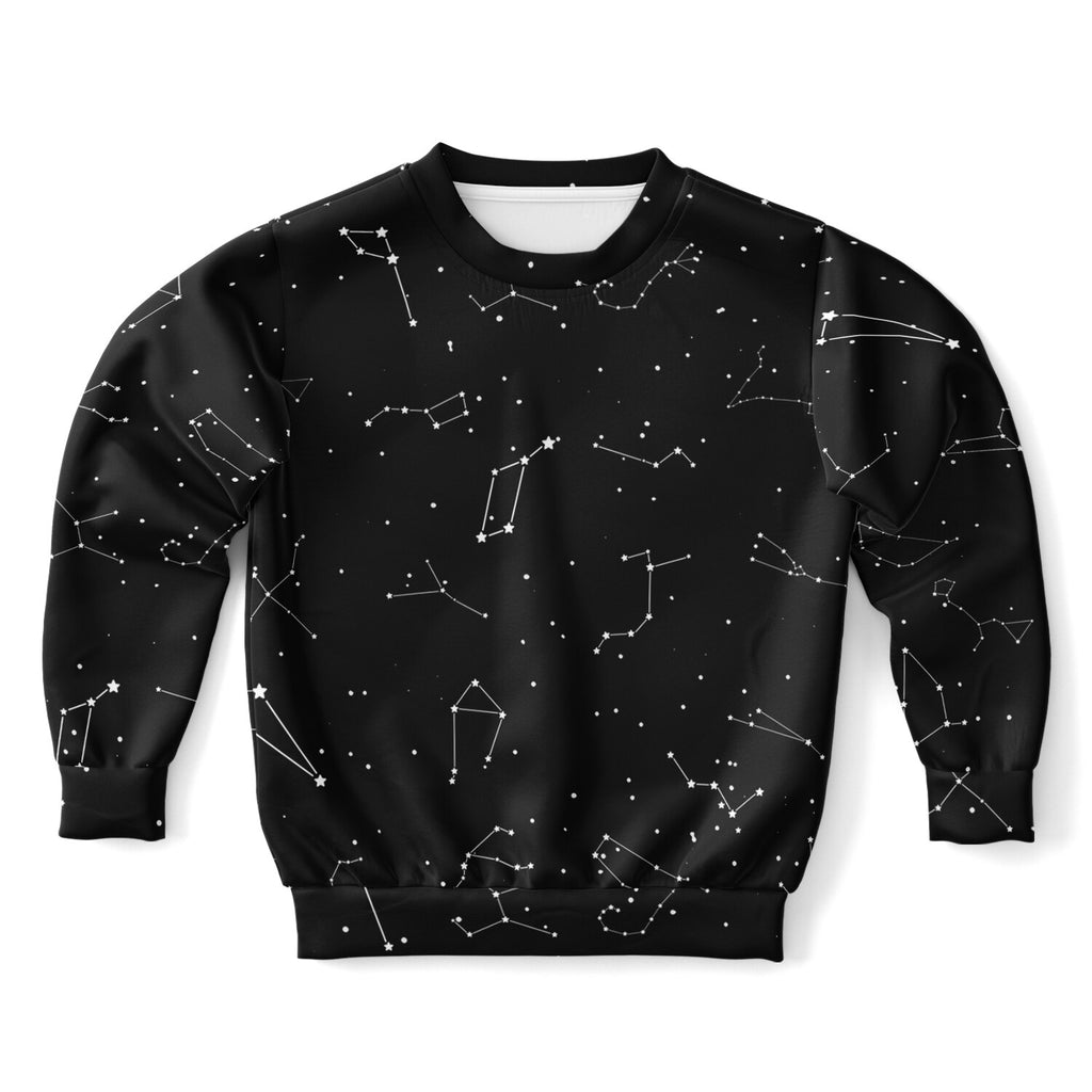 Kids realistic constellations sweatshirt black with white star and constellation patterns cozy cotton fleece fabric