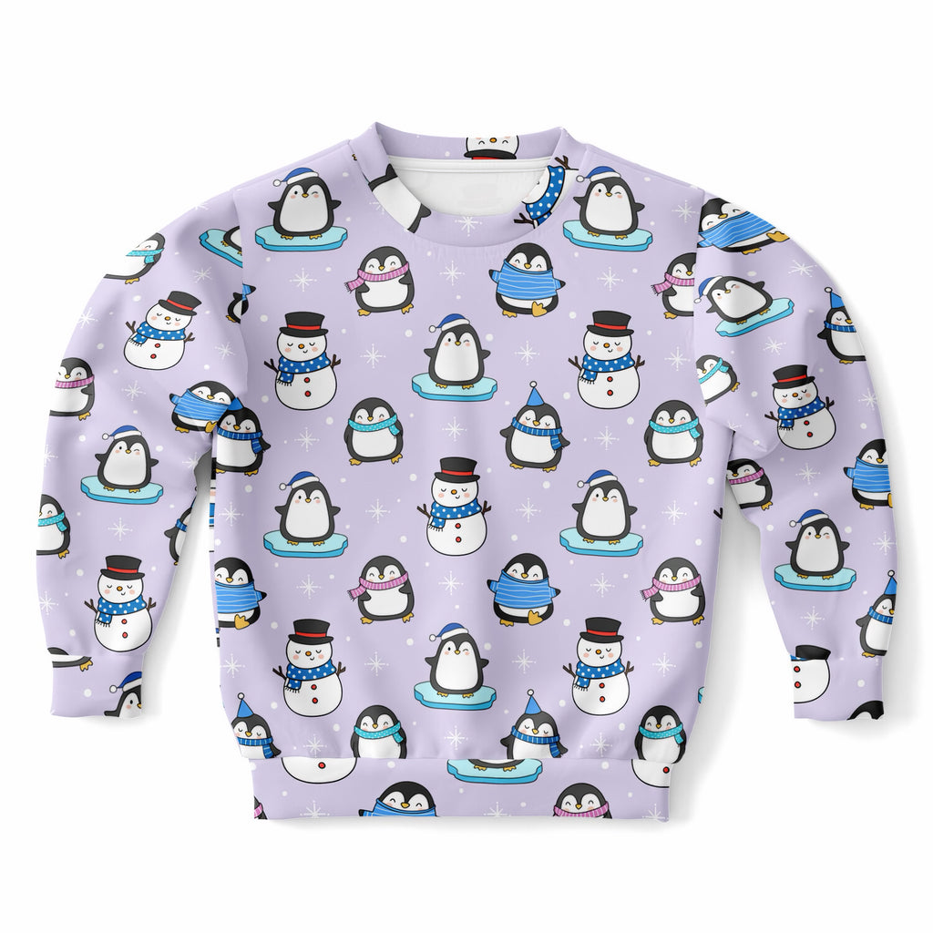 Kids Purple Penguin & Snowman Christmas Sweatshirt – Ultra Soft & Stretchy, Cozy Fleece or Lightweight Sports Fabric Sweatshirt – Ultra Soft & Stretchy, Cozy Fleece or Lightweight Sports Fabric
