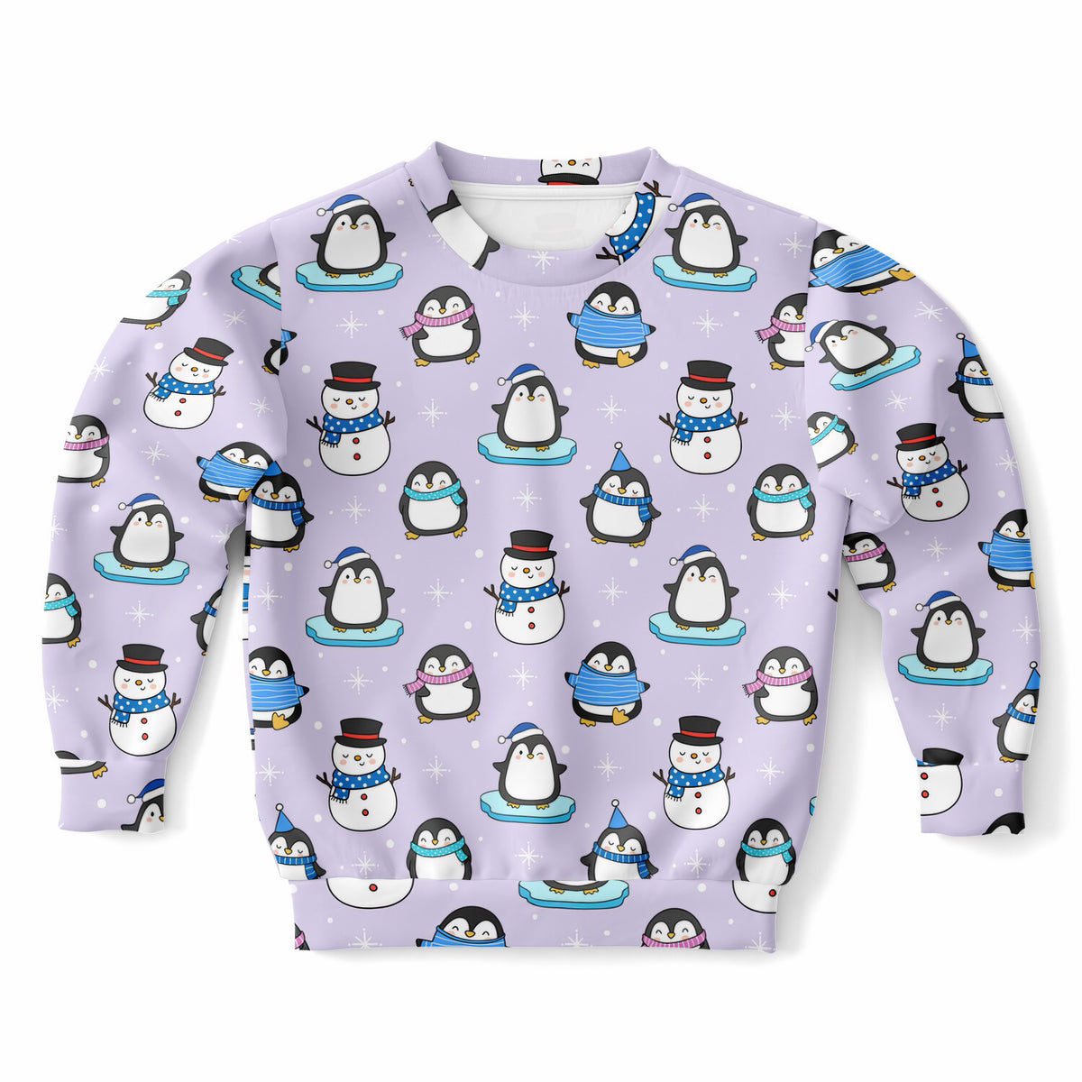 Kids Purple Penguin & Snowman Christmas Sweatshirt – Ultra Soft & Stretchy, Cozy Fleece or Lightweight Sports Fabric Sweatshirt – Ultra Soft & Stretchy, Cozy Fleece or Lightweight Sports Fabric