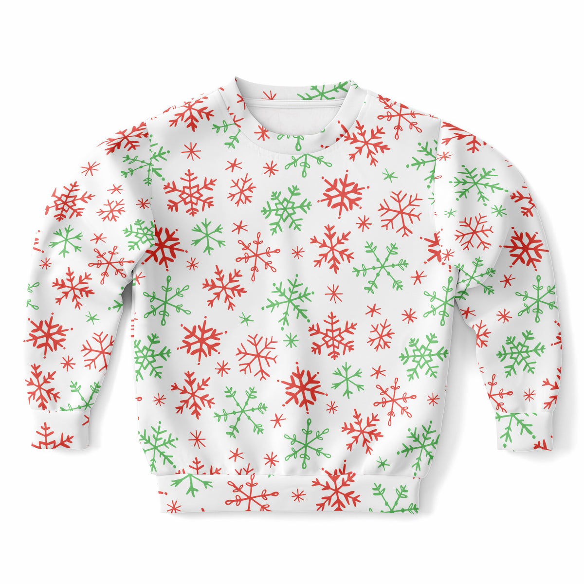 Kids Red & Green Snowflakes Christmas Sweatshirt – Ultra Soft & Stretchy, Cozy Fleece or Lightweight Sports Fabric Sweatshirt – Ultra Soft & Stretchy, Cozy Fleece or Lightweight Sports Fabric