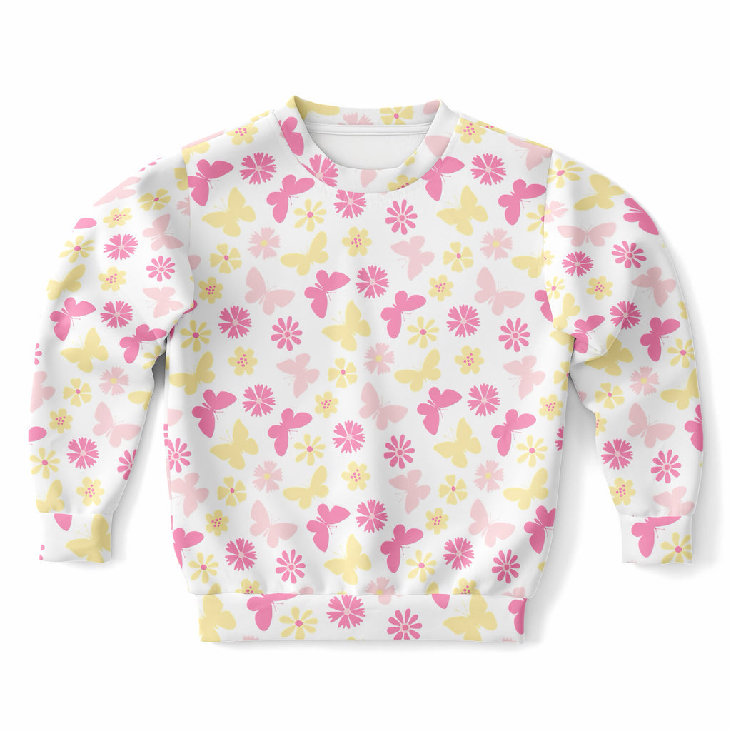 Girls Pink & Yellow Butterfly Sweatshirt – Ultra Soft & Stretchy, Cozy Fleece or Lightweight Sports Fabric Sweatshirt – Ultra Soft & Stretchy, Cozy Fleece or Lightweight Sports Fabric