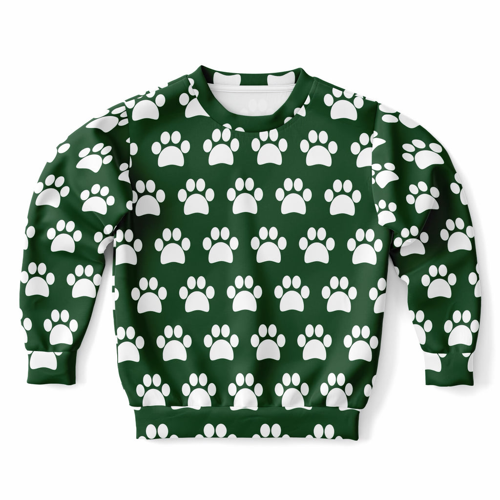 Kids Forest Green Paw Print Sweatshirt – Ultra Soft & Stretchy, Cozy Fleece or Lightweight Sports Fabric Sweatshirt – Ultra Soft & Stretchy, Cozy Fleece or Lightweight Sports Fabric