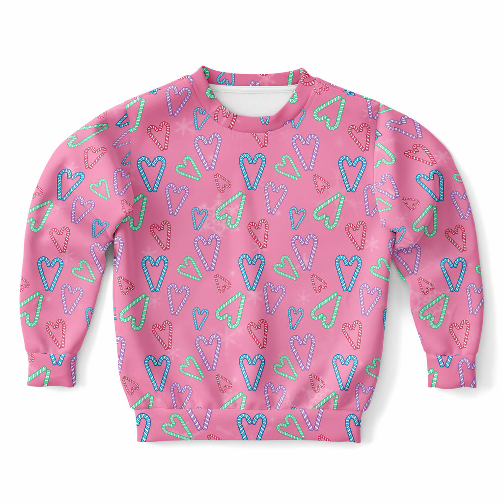 Girls Pink Christmas Candy Cane Heart Sweatshirt – Ultra Soft & Stretchy, Cozy Fleece or Lightweight Sports Fabric Sweatshirt – Ultra Soft & Stretchy, Cozy Fleece or Lightweight Sports Fabric