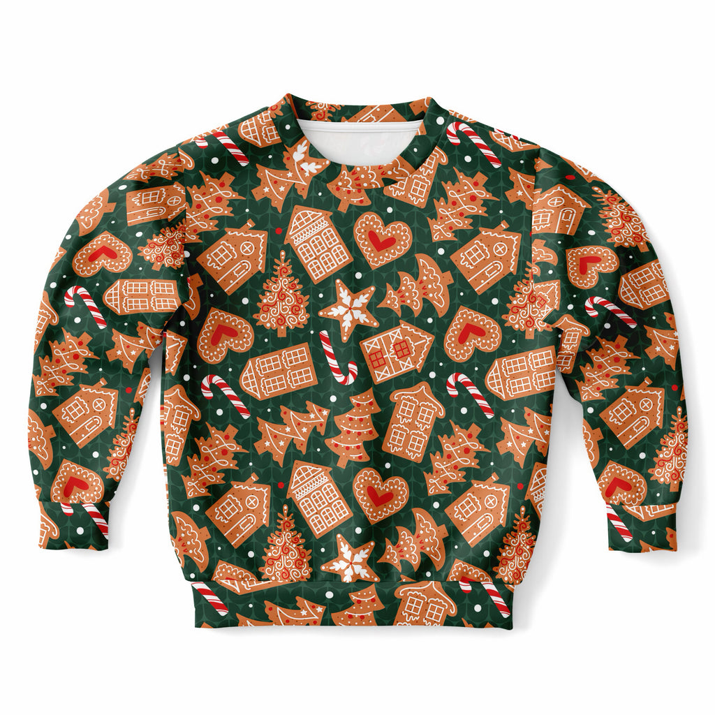 Kids Green Christmas Gingerbread Sweatshirt – Ultra Soft & Stretchy, Cozy Fleece or Lightweight Sports Fabric Sweatshirt – Ultra Soft & Stretchy, Cozy Fleece or Lightweight Sports Fabric