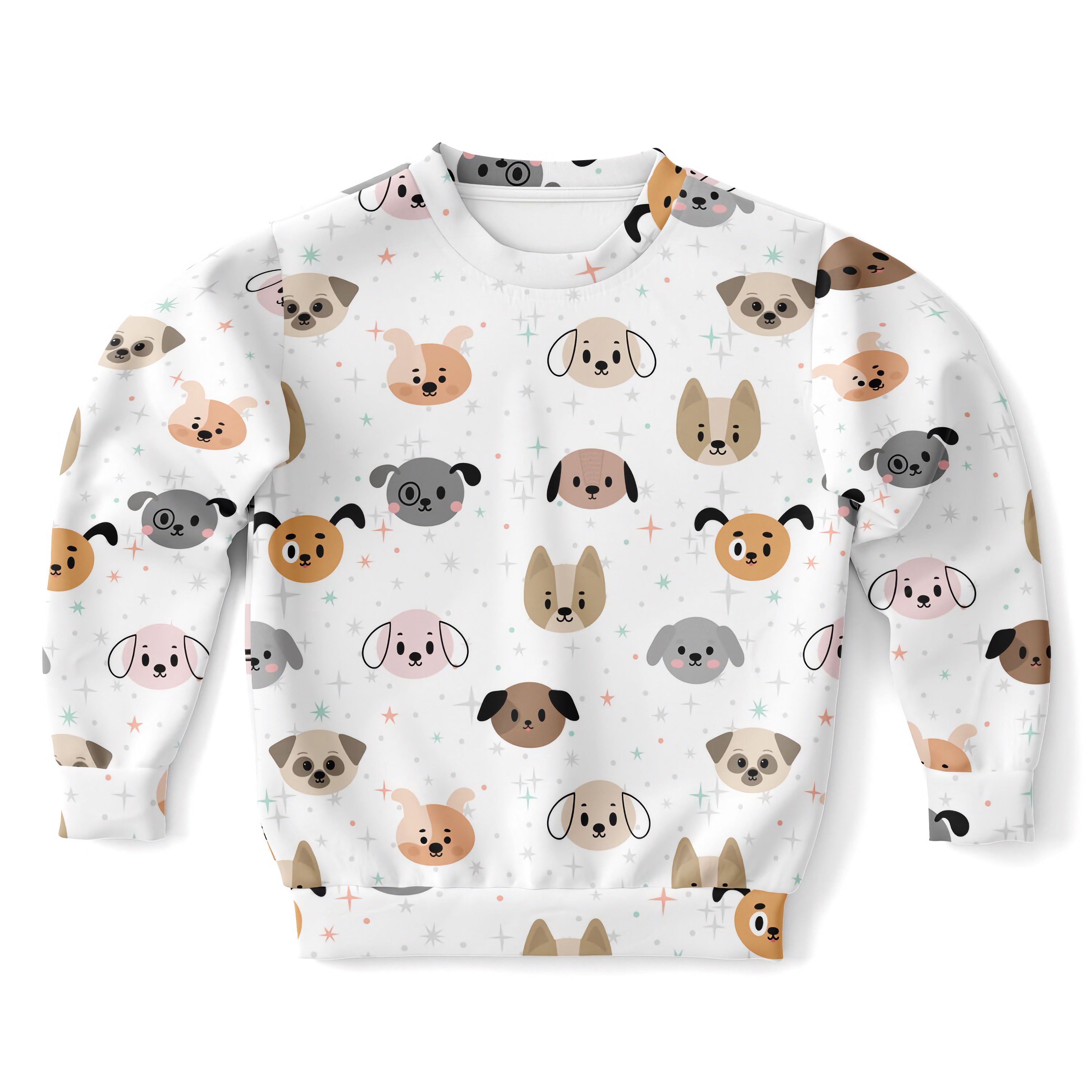 White kids dog face sweatshirt with playful beige brown gray and pink cartoon dog pattern and subtle star accents