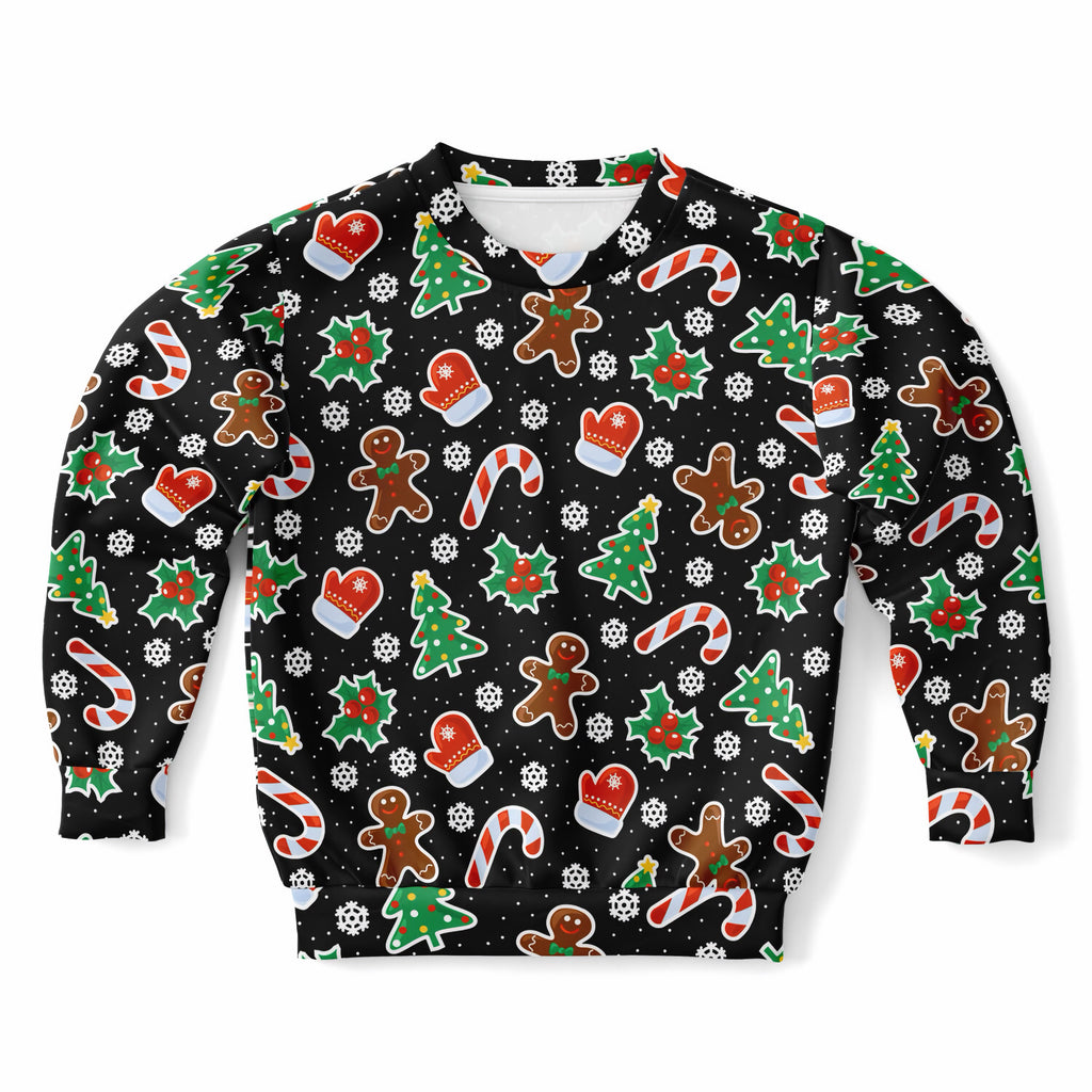 Kids Black Gingerbread Christmas Sweatshirt – Ultra Soft & Stretchy, Cozy Fleece or Lightweight Sports Fabric Sweatshirt – Ultra Soft & Stretchy, Cozy Fleece or Lightweight Sports Fabric