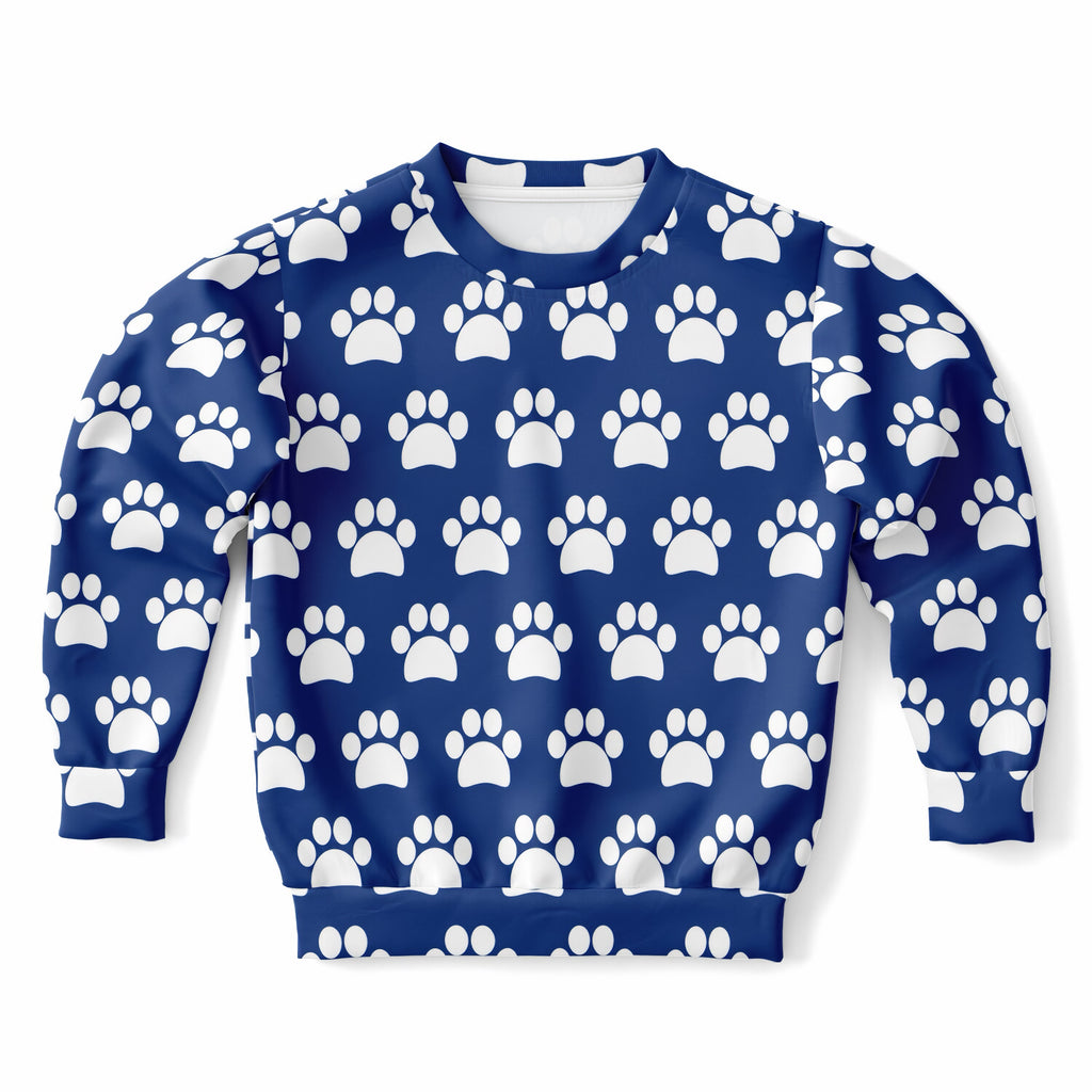 Kids Dark Blue Paw Print Sweatshirt – Ultra Soft & Stretchy, Cozy Fleece or Lightweight Sports Fabric Sweatshirt – Ultra Soft & Stretchy, Cozy Fleece or Lightweight Sports Fabric