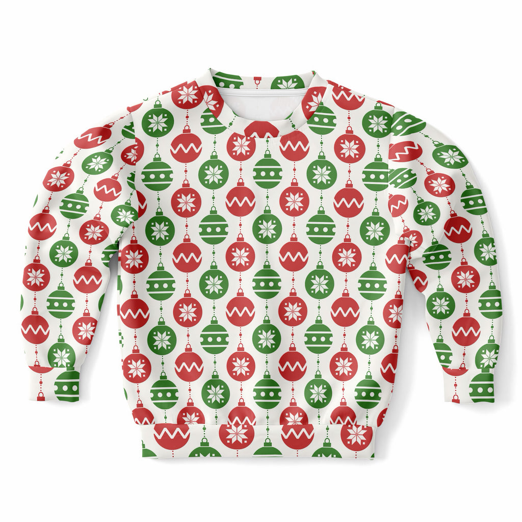 Kids Red & Green Christmas Ornament Sweatshirt – Ultra Soft & Stretchy, Cozy Fleece or Lightweight Sports Fabric Sweatshirt – Ultra Soft & Stretchy, Cozy Fleece or Lightweight Sports Fabric