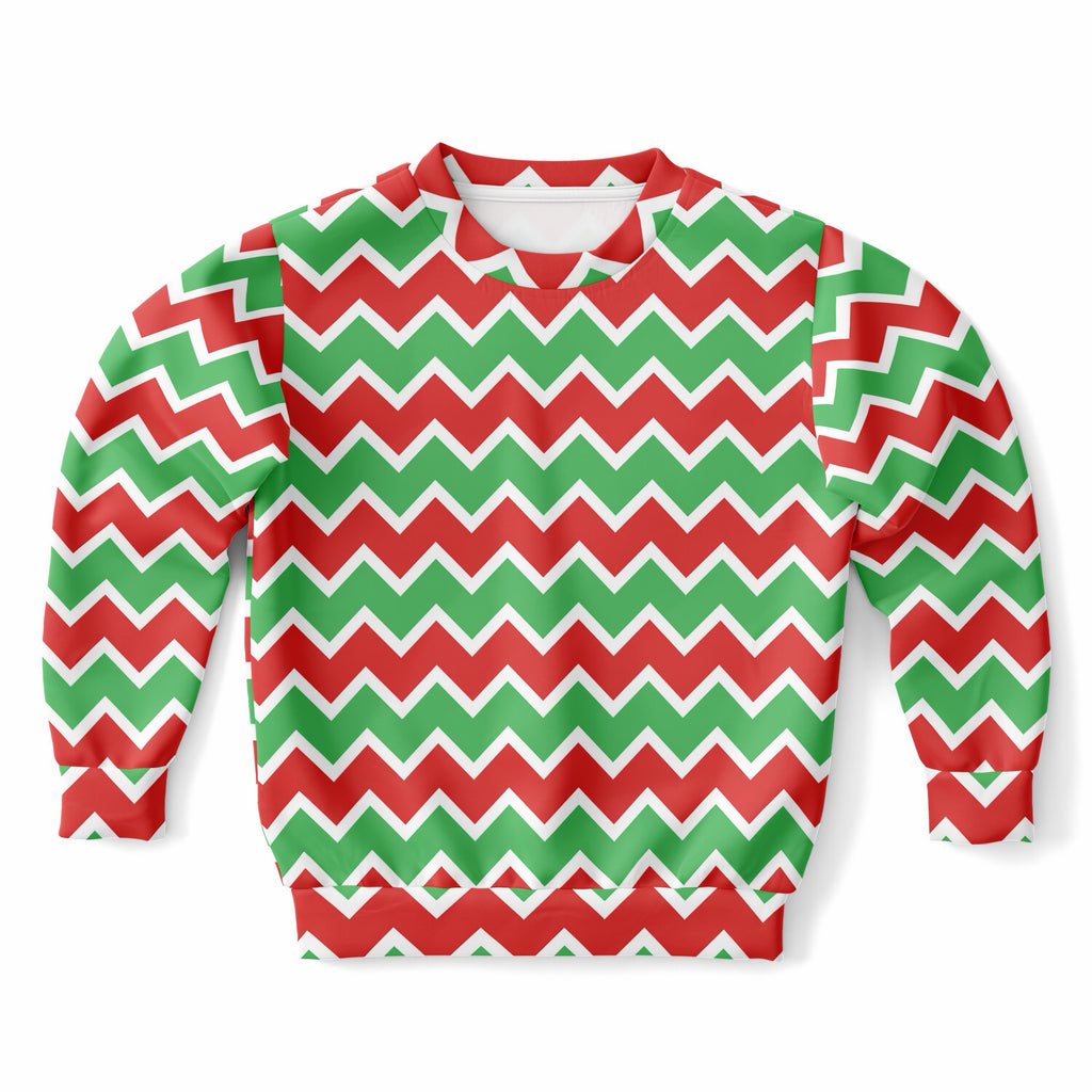 Kids Red Green & White Christmas Chevron Sweatshirt – Ultra Soft & Stretchy, Cozy Fleece or Lightweight Sports Fabric Sweatshirt – Ultra Soft & Stretchy, Cozy Fleece or Lightweight Sports Fabric