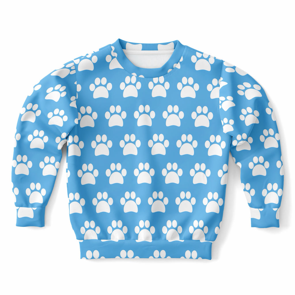 Kids Light Sky Blue Paw Print Sweatshirt – Ultra Soft & Stretchy, Cozy Fleece or Lightweight Sports Fabric Sweatshirt – Ultra Soft & Stretchy, Cozy Fleece or Lightweight Sports Fabric