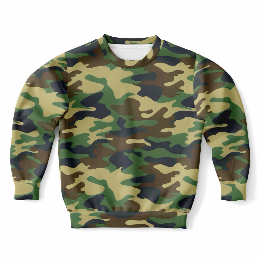Kids Green Woodland Camouflage Sweatshirt – Ultra Soft & Stretchy, Cozy Fleece or Lightweight Sports Fabric Sweatshirt – Ultra Soft & Stretchy, Cozy Fleece or Lightweight Sports Fabric