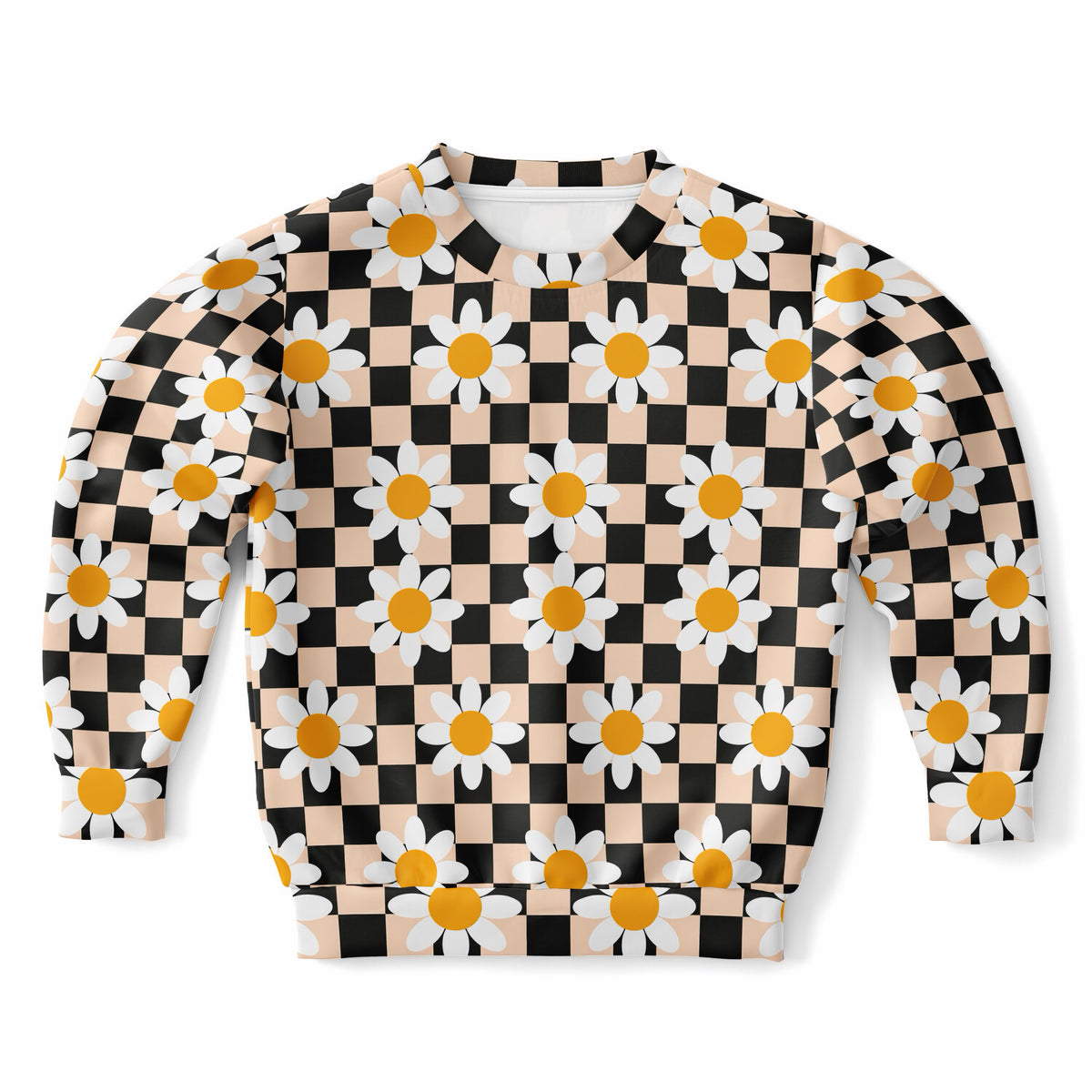 Girls Beige Checkered Daisy Sweatshirt – Ultra Soft & Stretchy, Cozy Fleece or Lightweight Sports Fabric Sweatshirt – Ultra Soft & Stretchy, Cozy Fleece or Lightweight Sports Fabric