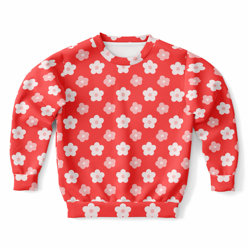 Girls Red Daisy Flower Sweatshirt – Ultra Soft & Stretchy, Cozy Fleece or Lightweight Sports Fabric Sweatshirt – Ultra Soft & Stretchy, Cozy Fleece or Lightweight Sports Fabric