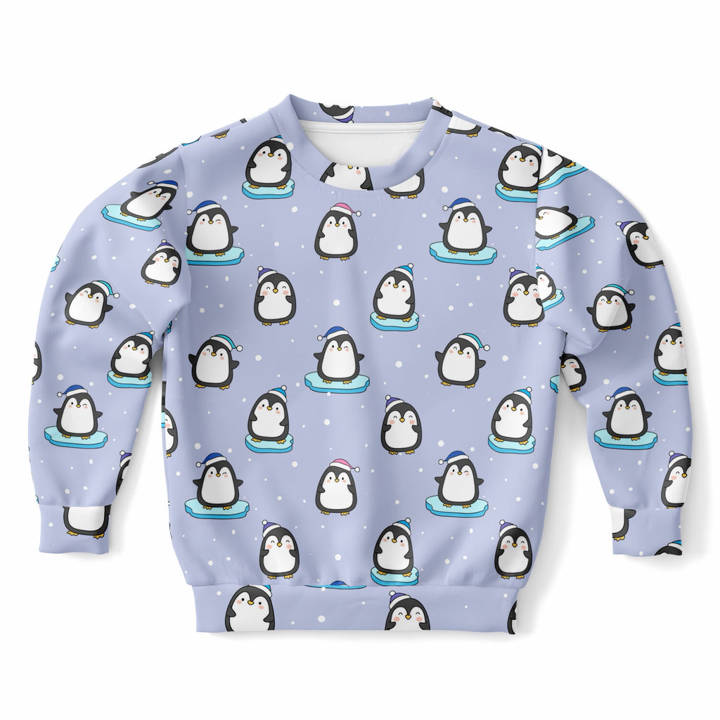 Kids Light Purple Penguin & Snowman Christmas Sweatshirt – Ultra Soft & Stretchy, Cozy Fleece or Lightweight Sports Fabric Sweatshirt – Ultra Soft & Stretchy, Cozy Fleece or Lightweight Sports Fabric