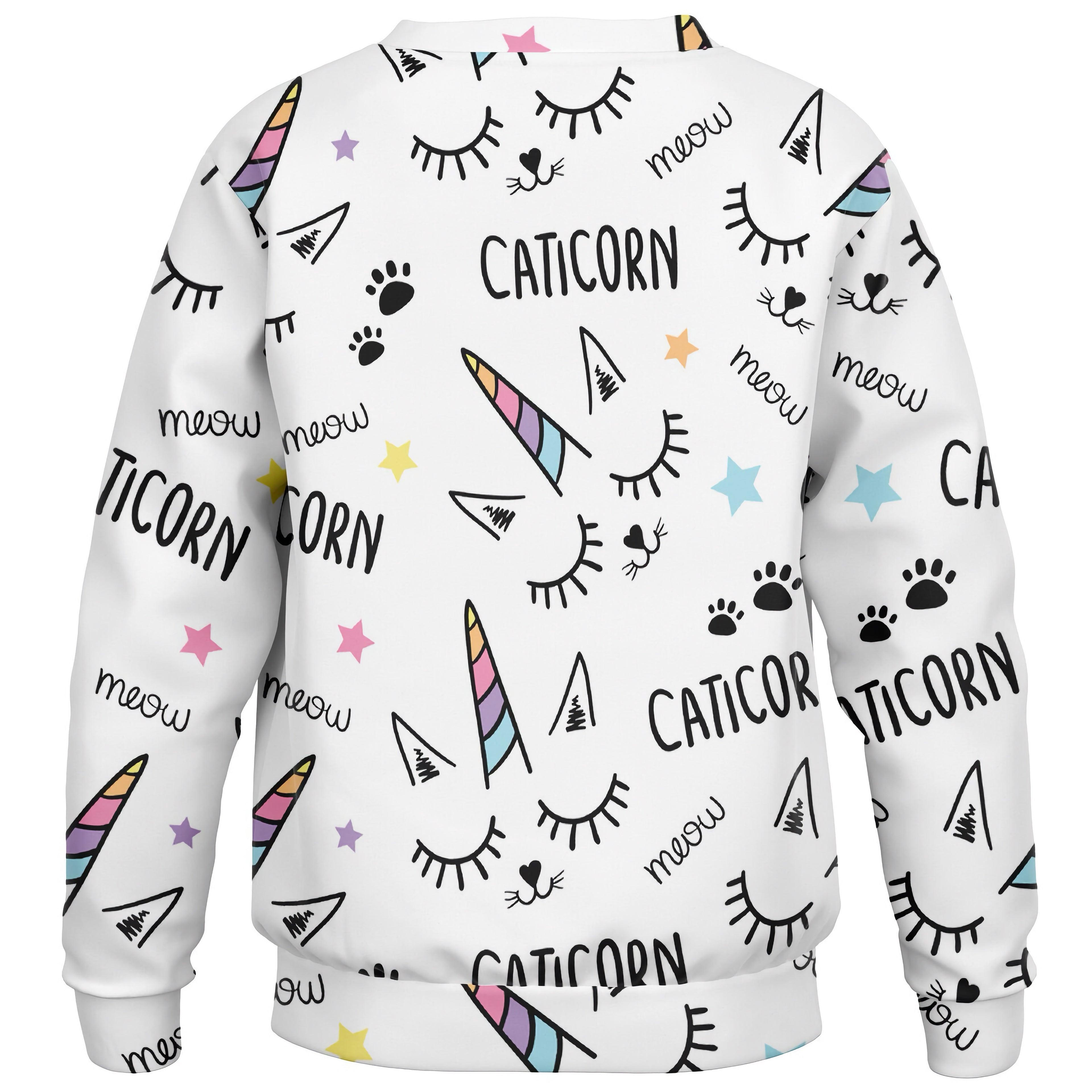 Girls magical caticorn sweatshirt in white cotton fleece with rainbow unicorn horns black text and paw print accents