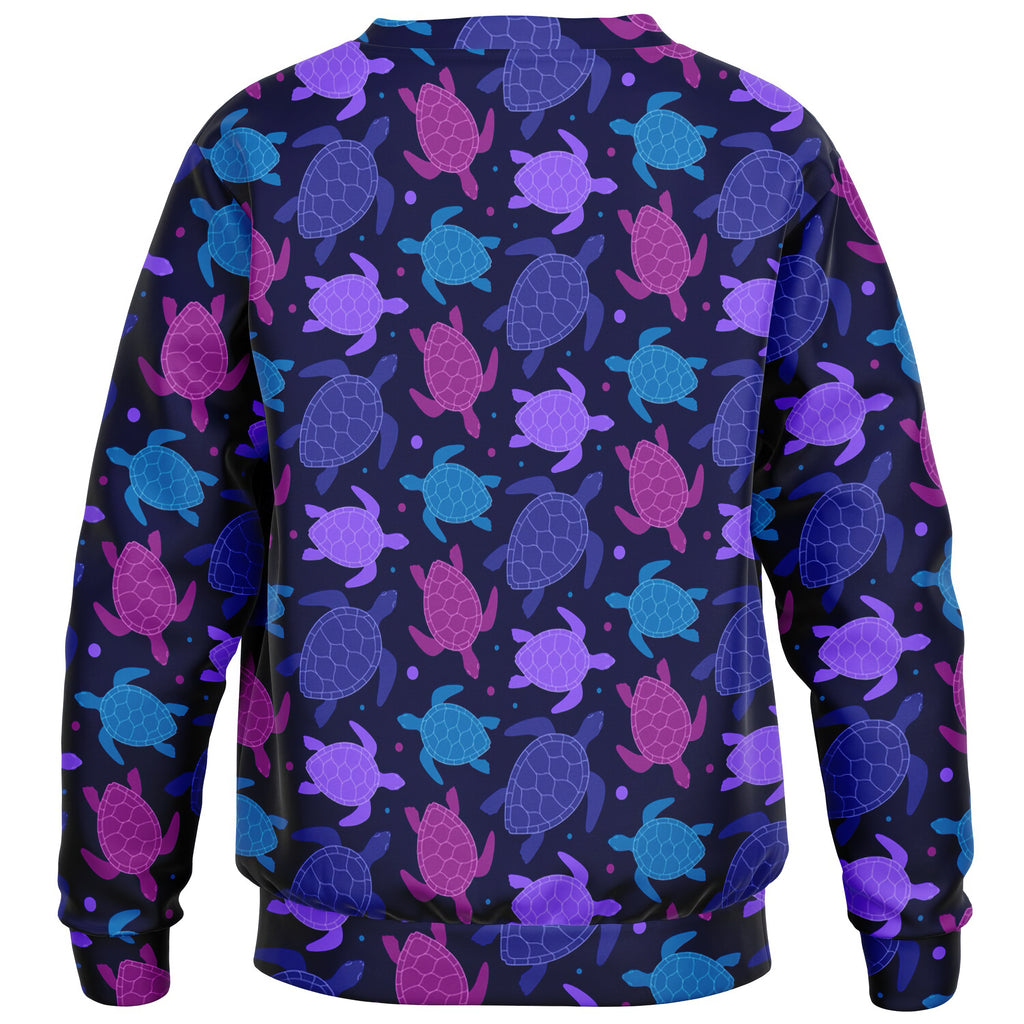 Girls purple sea turtle sweatshirt in navy blue with vibrant all-over print on cozy cotton fleece or lightweight fabric