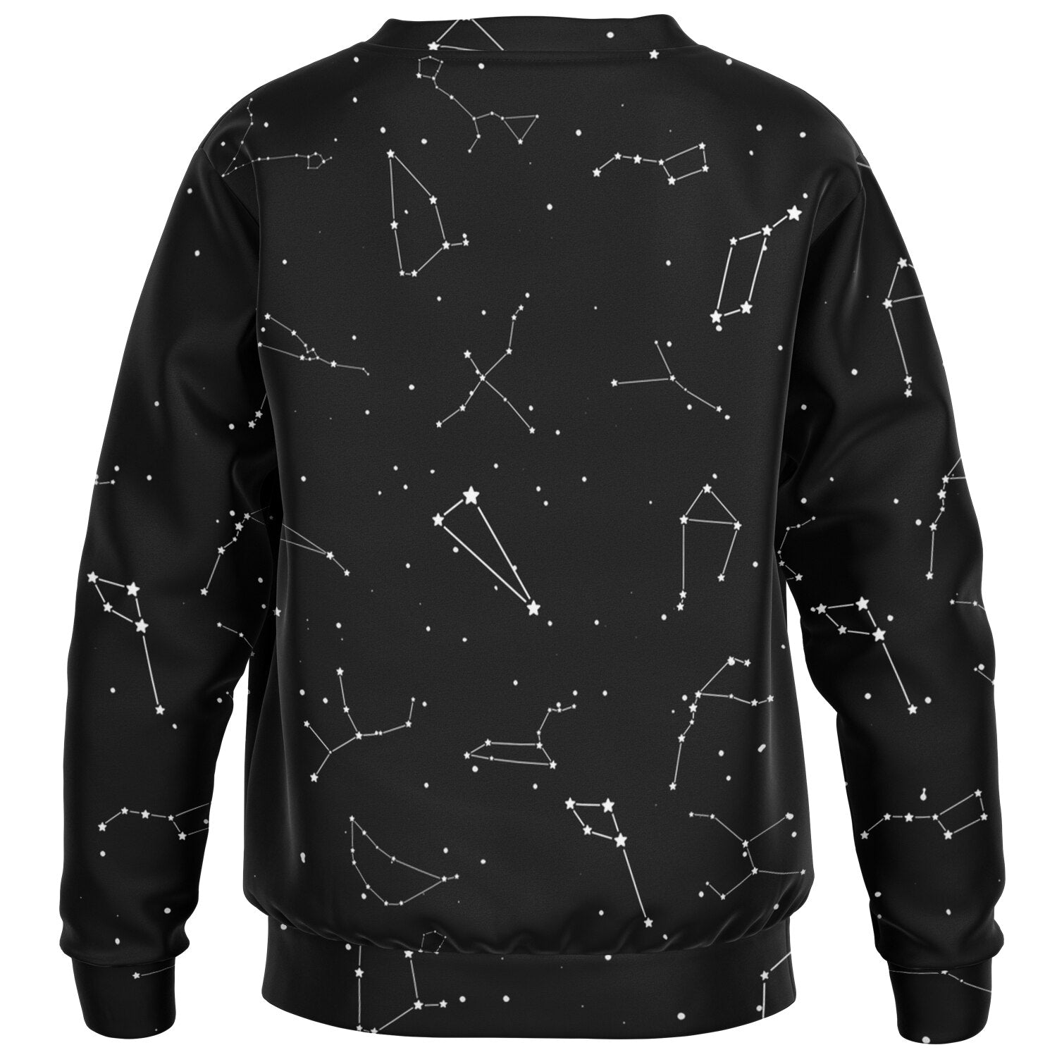 Black kids sweatshirt with white constellation pattern on back made of cozy cotton fleece or lightweight sports fabric