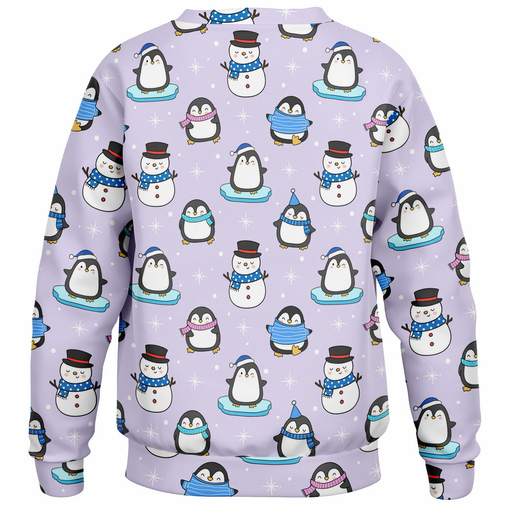 Kids Purple Penguin & Snowman Christmas Sweatshirt – Ultra Soft & Stretchy, Cozy Fleece or Lightweight Sports Fabric Sweatshirt – Ultra Soft & Stretchy, Cozy Fleece or Lightweight Sports Fabric