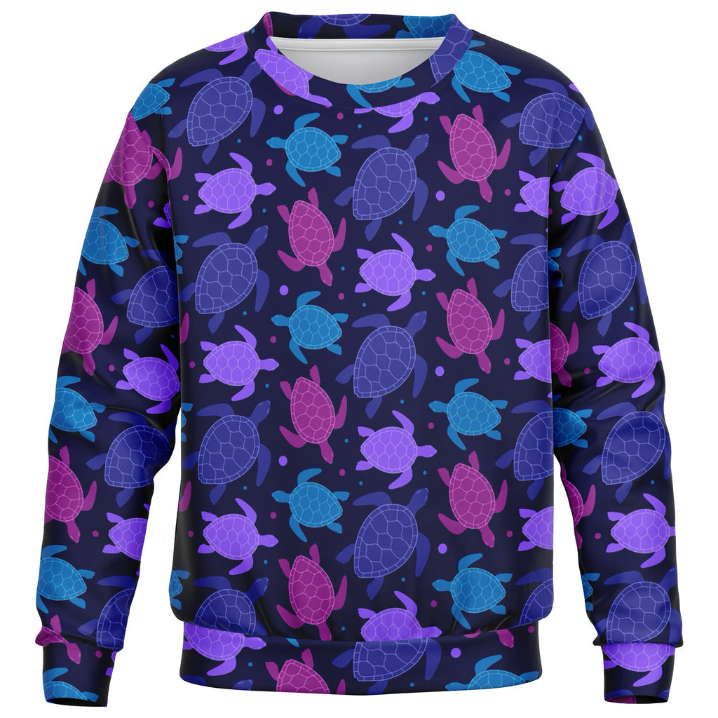 Girls purple sea turtle sweatshirt in navy blue with vibrant all-over print on cozy cotton fleece fabric