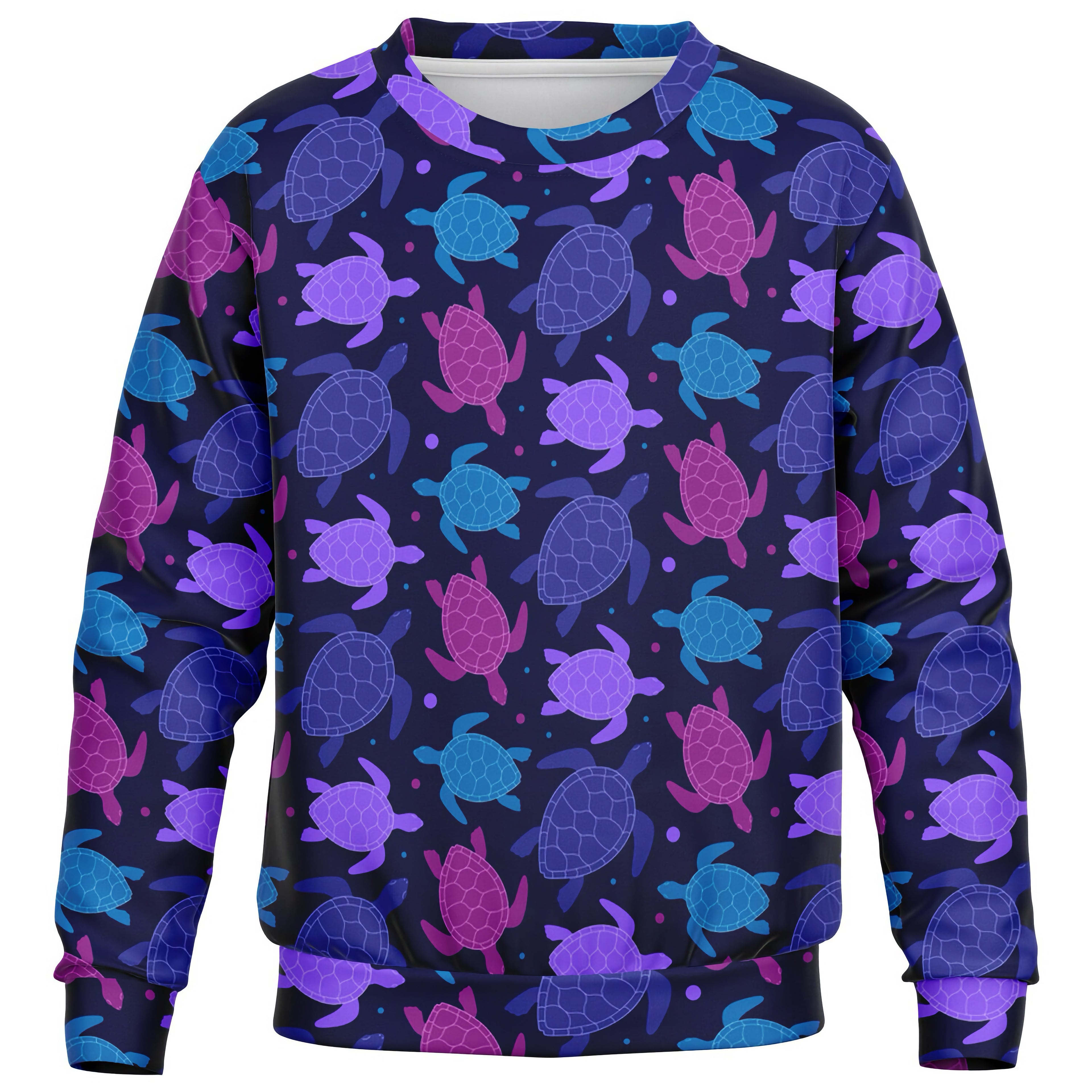 Girls purple sea turtle sweatshirt in navy blue with vibrant all-over print on cozy cotton fleece fabric