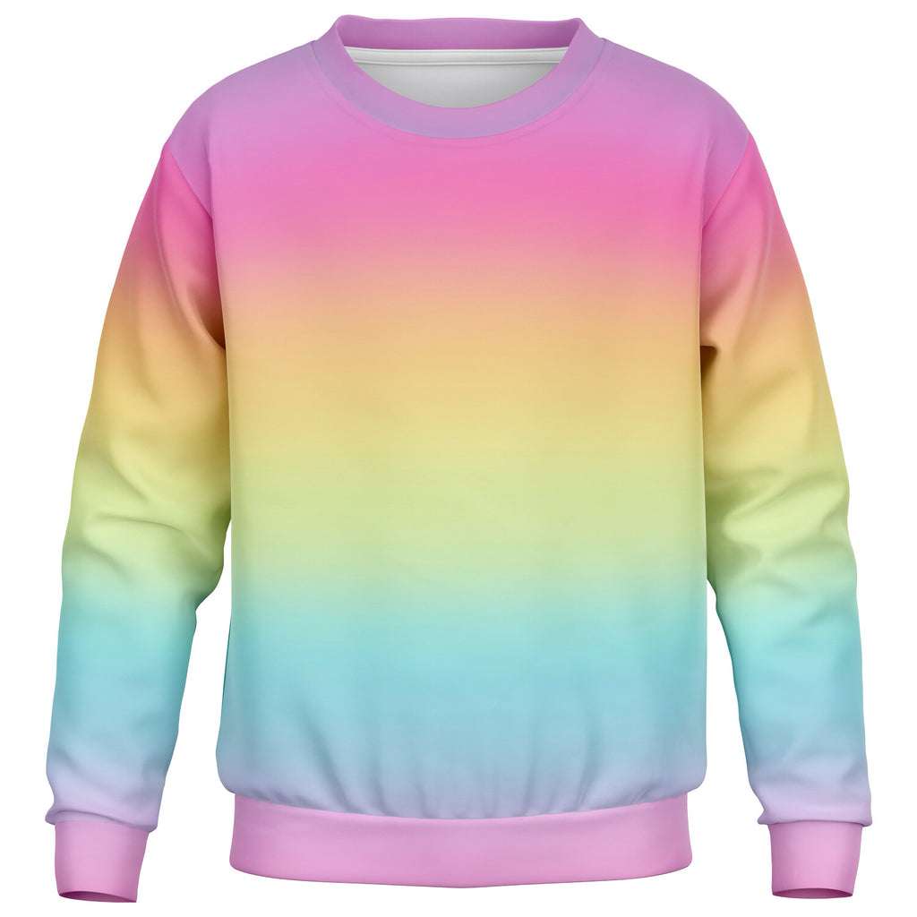 Girls bright rainbow sweatshirt with pastel gradient soft cotton fleece fabric and classic crew neck design