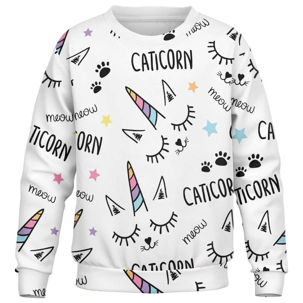 White girls magical caticorn sweatshirt with cartoon unicorns cat eyes paw prints in cozy cotton fleece