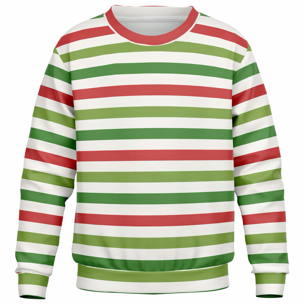 Kids Red Green & White Christmas Striped Sweatshirt – Ultra Soft & Stretchy, Cozy Fleece or Lightweight Sports Fabric Sweatshirt – Ultra Soft & Stretchy, Cozy Fleece or Lightweight Sports Fabric