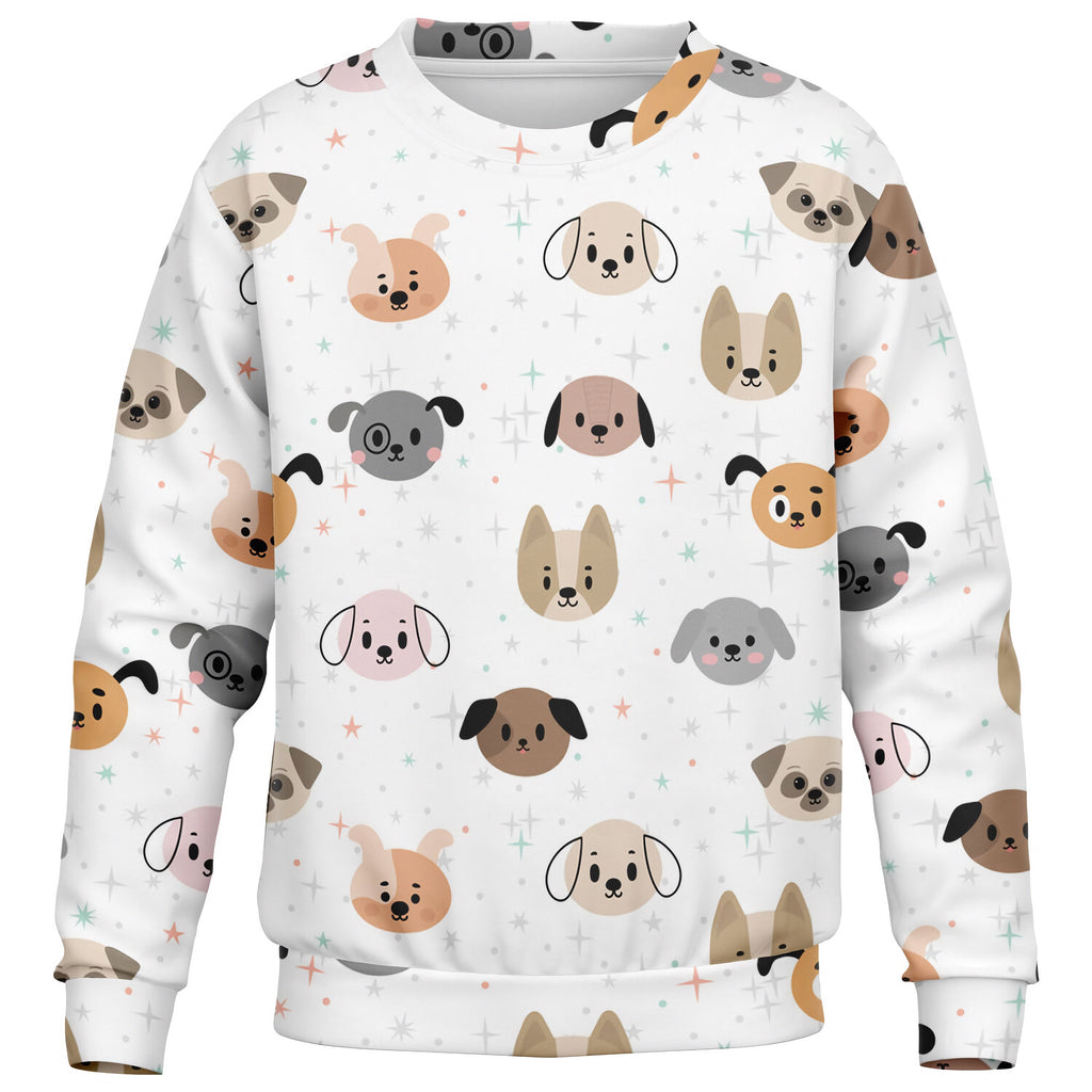 Kids dog face white sweatshirt with playful cartoon dog faces in beige brown gray and pink colors
