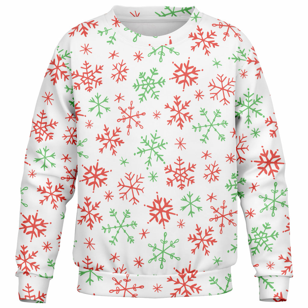 Kids Red & Green Snowflakes Christmas Sweatshirt – Ultra Soft & Stretchy, Cozy Fleece or Lightweight Sports Fabric Sweatshirt – Ultra Soft & Stretchy, Cozy Fleece or Lightweight Sports Fabric
