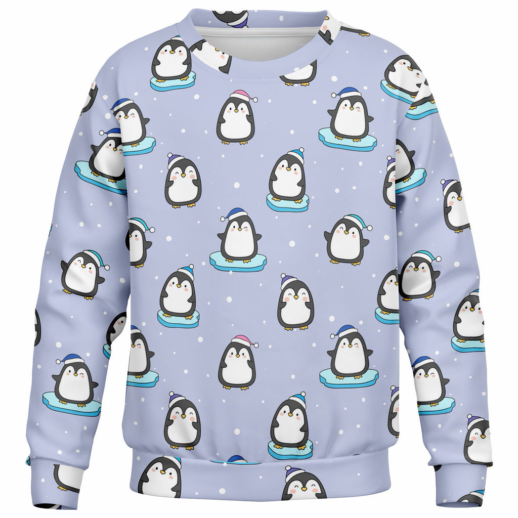 Kids Light Purple Penguin & Snowman Christmas Sweatshirt – Ultra Soft & Stretchy, Cozy Fleece or Lightweight Sports Fabric Sweatshirt – Ultra Soft & Stretchy, Cozy Fleece or Lightweight Sports Fabric