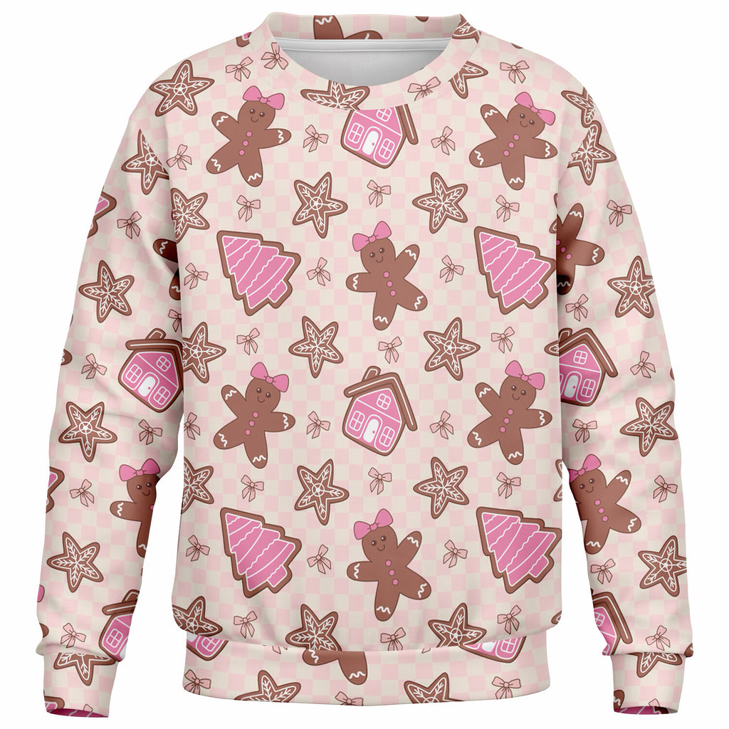 Girls Pink Christmas Gingerbread Sweatshirt – Ultra Soft & Stretchy, Cozy Fleece or Lightweight Sports Fabric Sweatshirt – Ultra Soft & Stretchy, Cozy Fleece or Lightweight Sports Fabric