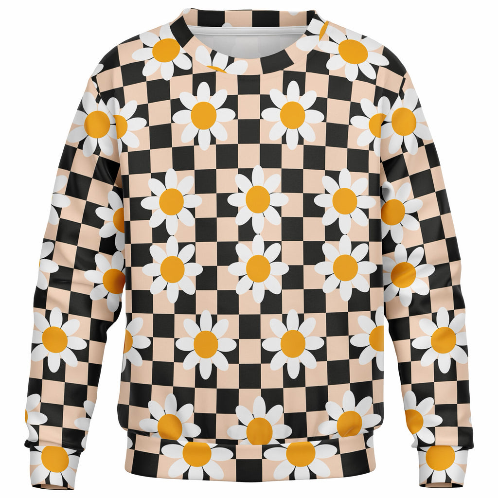 Girls Beige Checkered Daisy Sweatshirt – Ultra Soft & Stretchy, Cozy Fleece or Lightweight Sports Fabric Sweatshirt – Ultra Soft & Stretchy, Cozy Fleece or Lightweight Sports Fabric