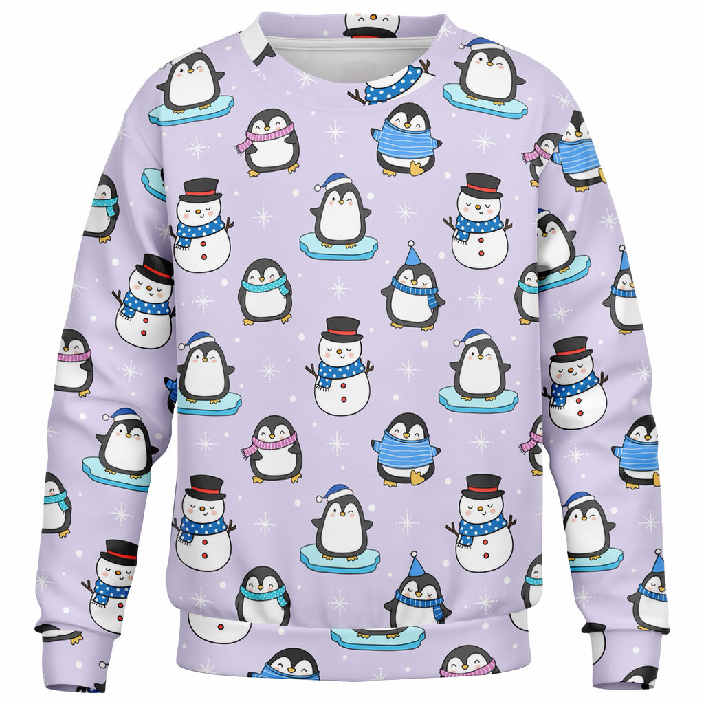 Kids Purple Penguin & Snowman Christmas Sweatshirt – Ultra Soft & Stretchy, Cozy Fleece or Lightweight Sports Fabric Sweatshirt – Ultra Soft & Stretchy, Cozy Fleece or Lightweight Sports Fabric