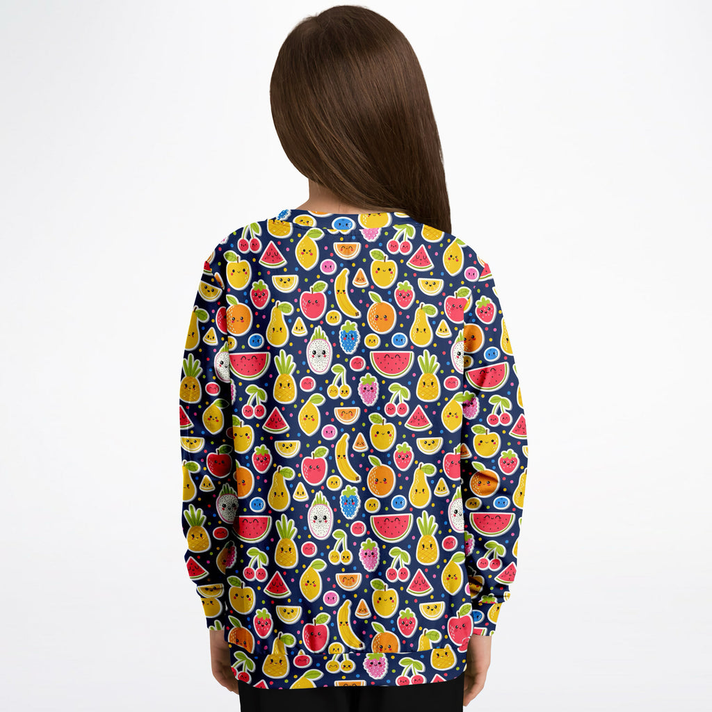 Girls emoji fruit sweatshirt navy blue long-sleeved cozy cotton fleece with colorful cartoon smiling fruit pattern