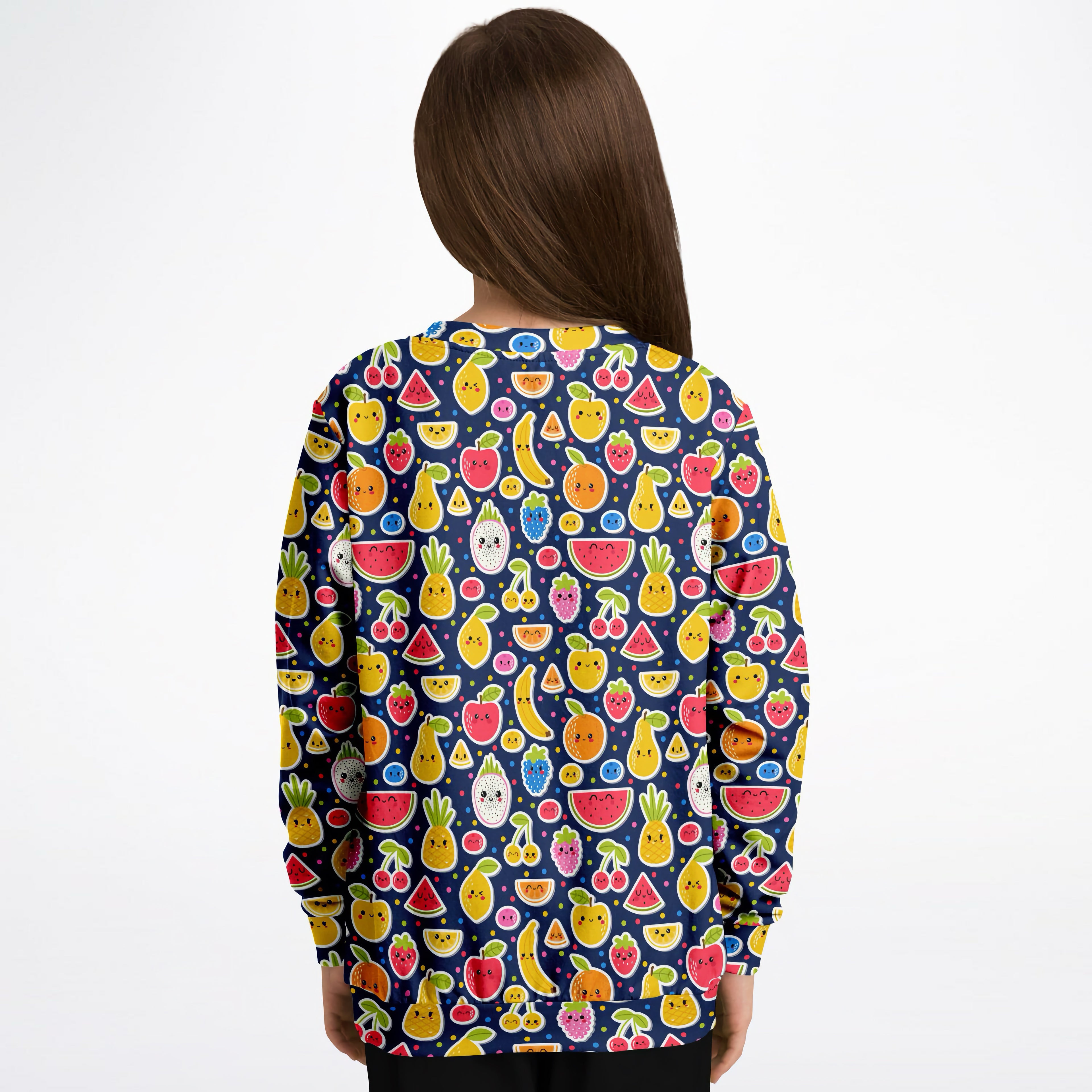Girls emoji fruit sweatshirt navy blue long-sleeved cozy cotton fleece with colorful cartoon smiling fruit pattern