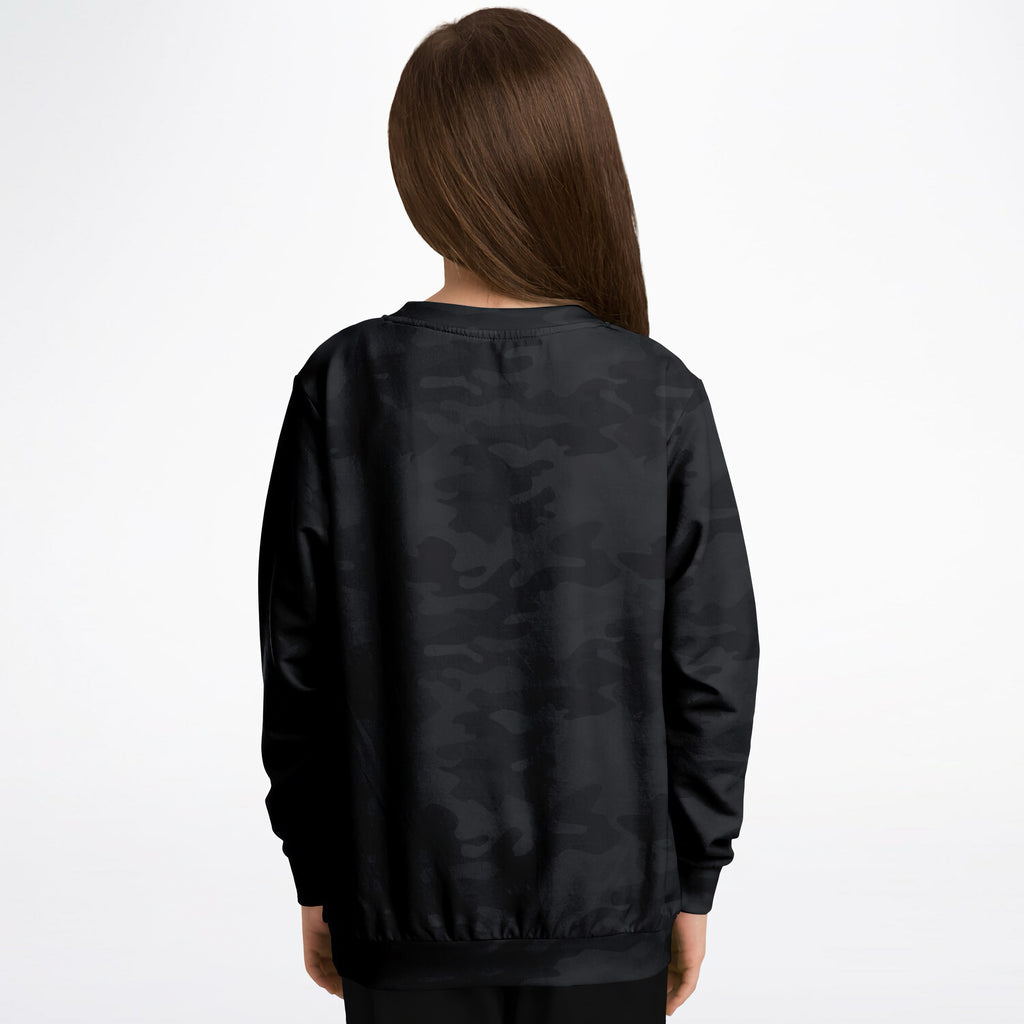 Kids black camouflage sweatshirt in cozy cotton fleece with long sleeves for warmth and comfort