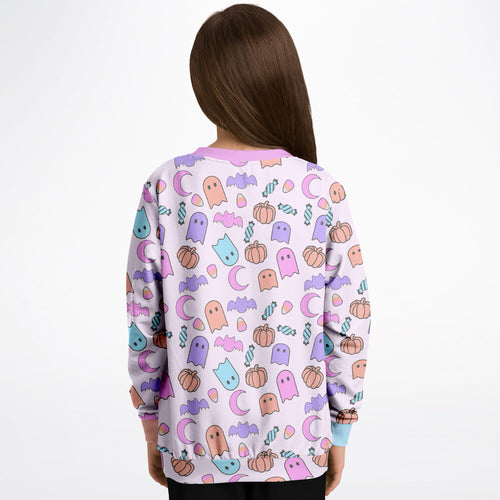 Girls ghost halloween sweatshirt in soft lavender cotton fleece with pastel ghost bat pumpkin and candy print