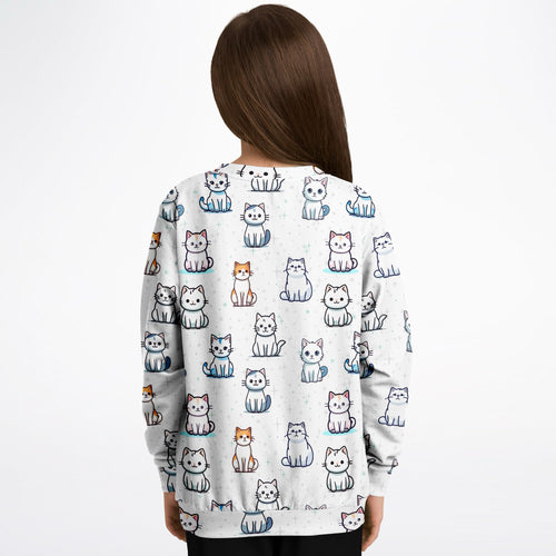 White girls long-sleeved sweatshirt with colorful cartoon cat pattern made of cozy cotton fleece or lightweight fabric
