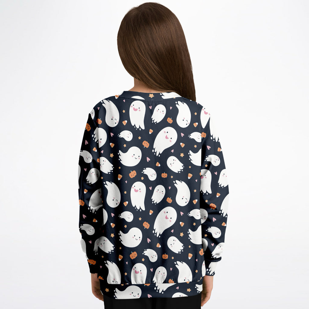 Navy blue kids ghost Halloween sweatshirt with white ghost and orange pumpkin pattern made of cozy cotton fleece