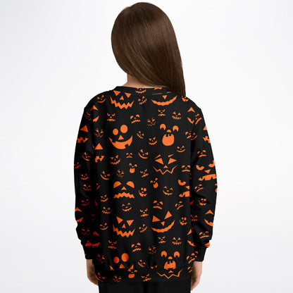 Kids Jack-O’-Lantern Halloween Sweatshirt – Cozy Cotton Fleece or Lightweight Sports Fabric