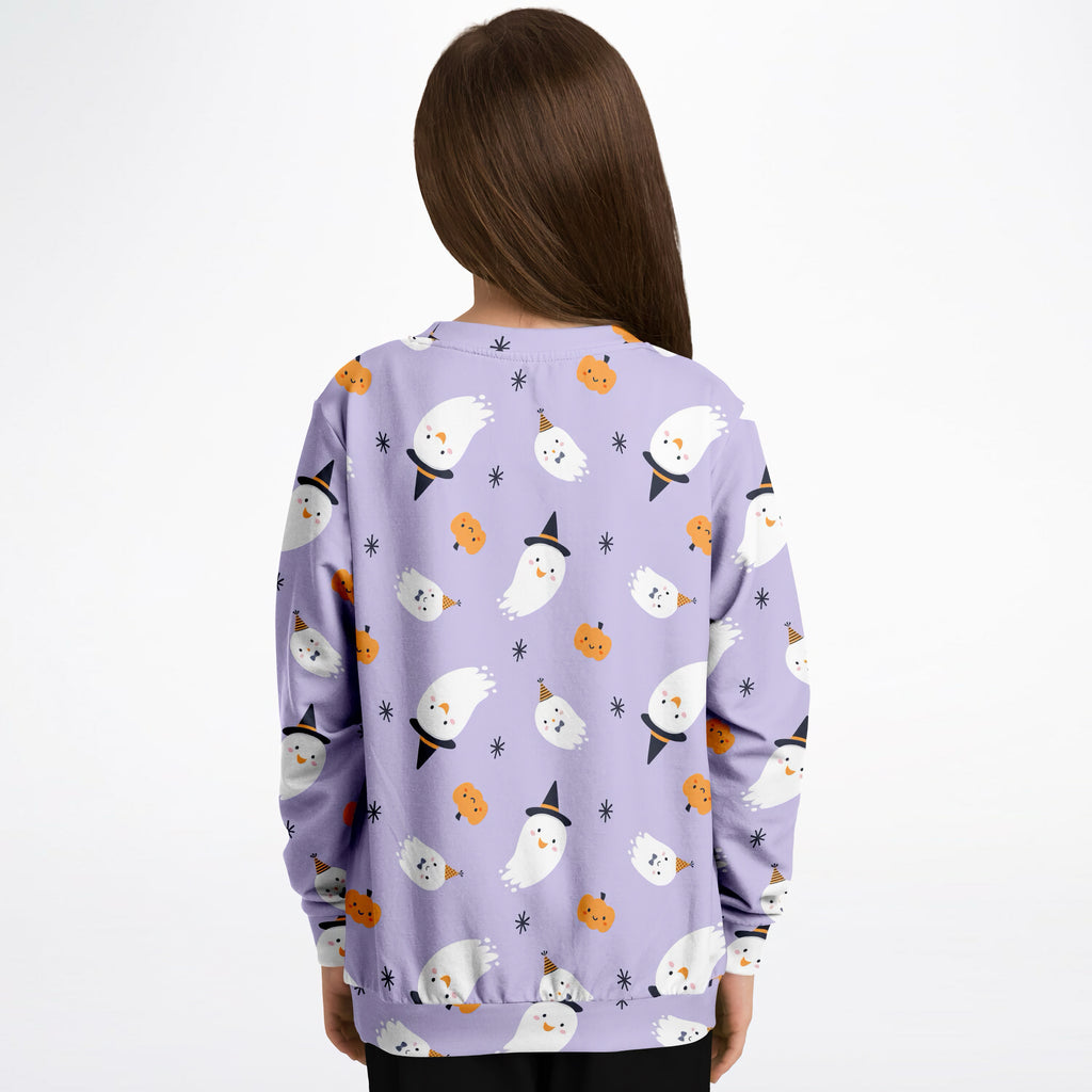 Girls witch ghost Halloween sweatshirt in lavender cotton fleece with white ghosts and orange pumpkins pattern