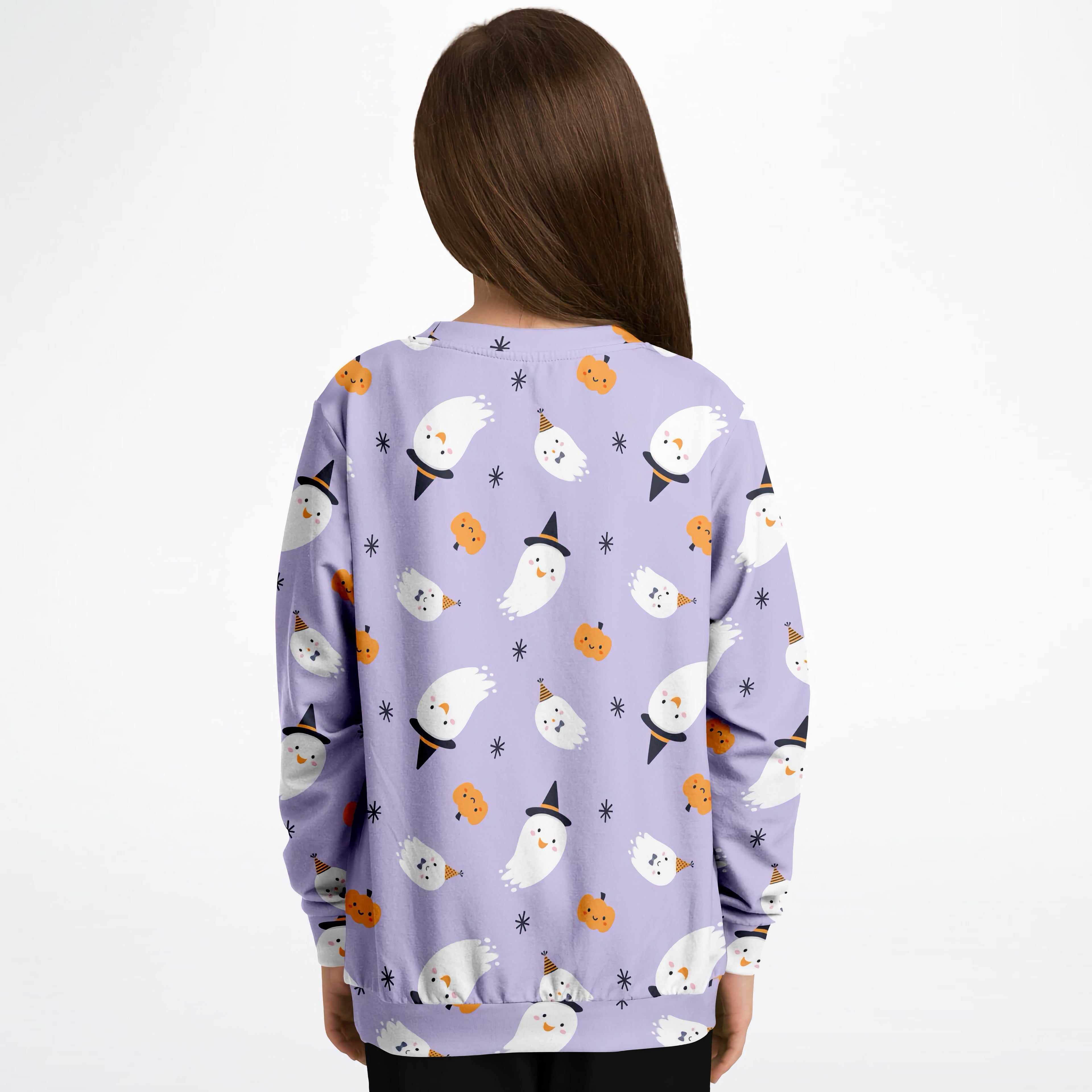 Girls witch ghost Halloween sweatshirt in lavender cotton fleece with white ghosts and orange pumpkins pattern