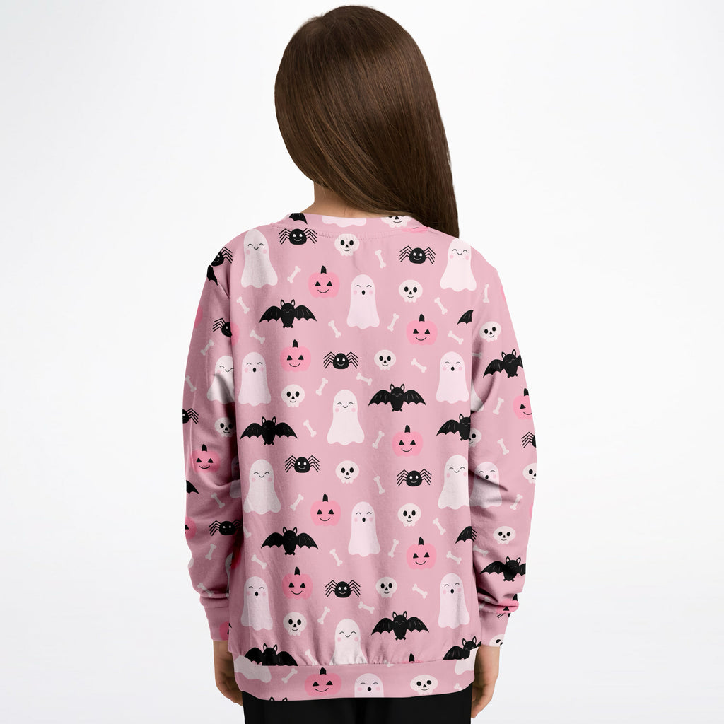 Girls cute ghost and bats pink halloween sweatshirt with white ghosts black bats and jack o lanterns on cozy cotton fleece