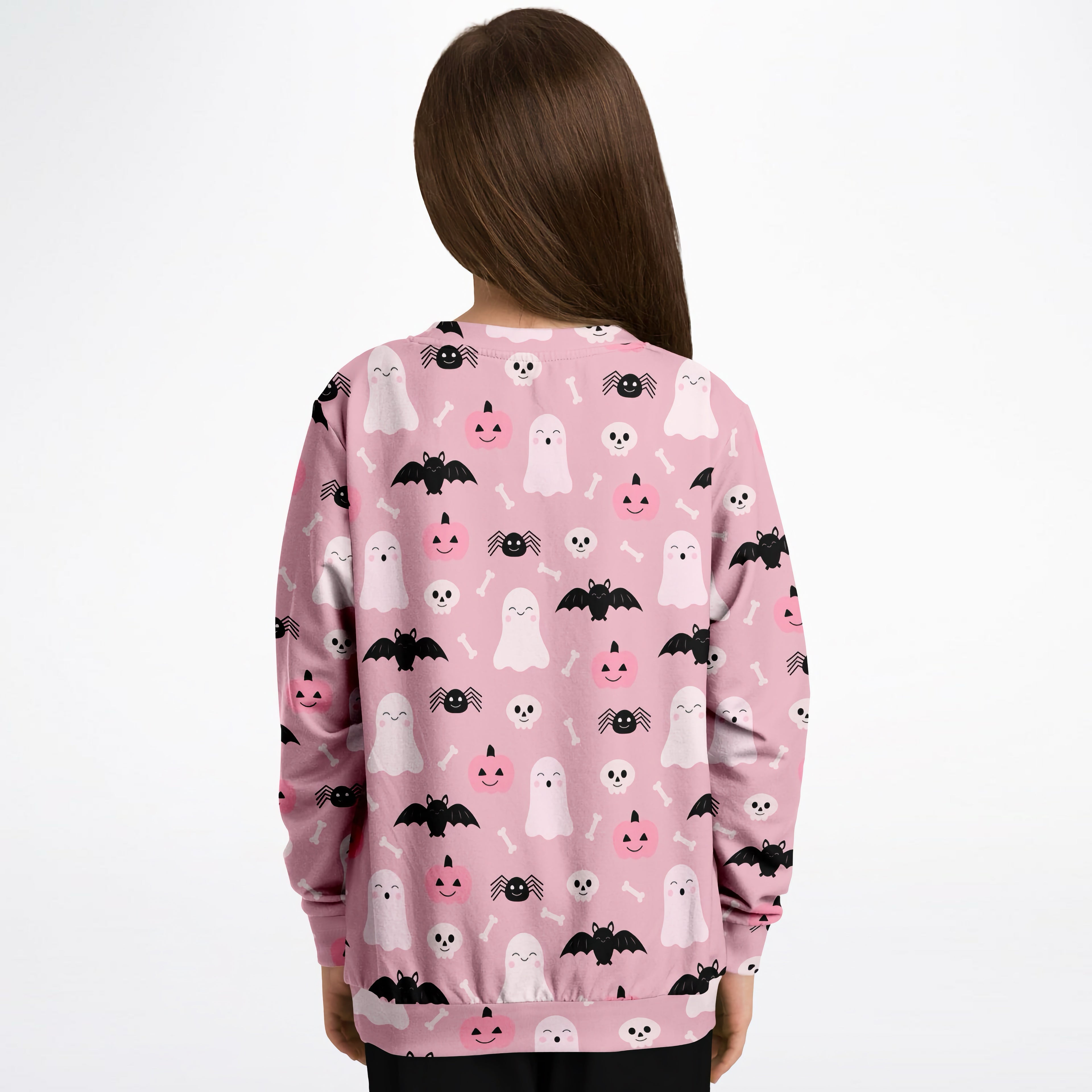 Girls cute ghost and bats pink halloween sweatshirt with white ghosts black bats and jack o lanterns on cozy cotton fleece