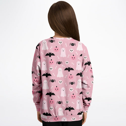 Girls cute ghost and bats pink halloween sweatshirt with white ghosts black bats and jack o lanterns on cozy cotton fleece