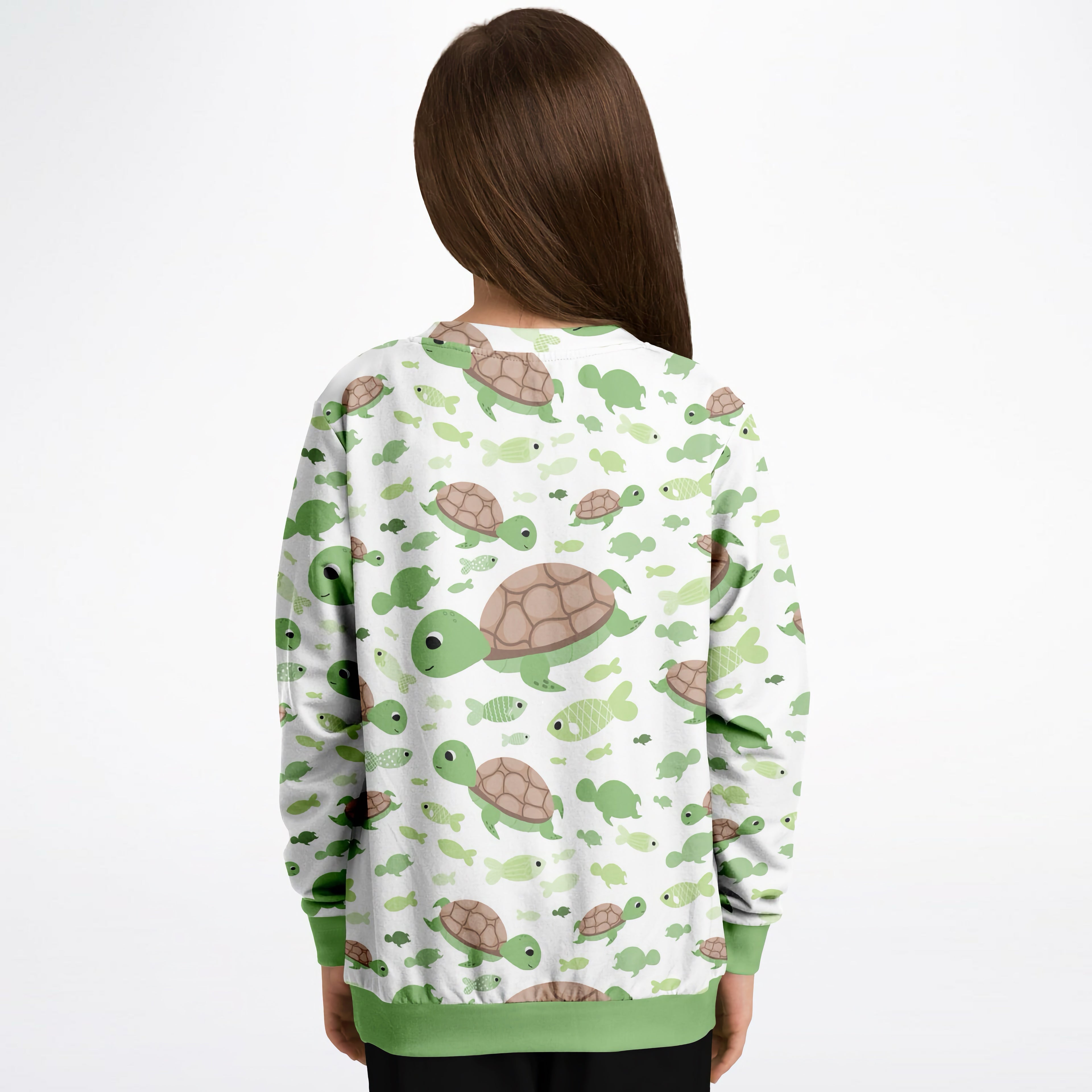 White kids sweatshirt with green and brown turtles and fish pattern made of cozy cotton fleece or lightweight fabric