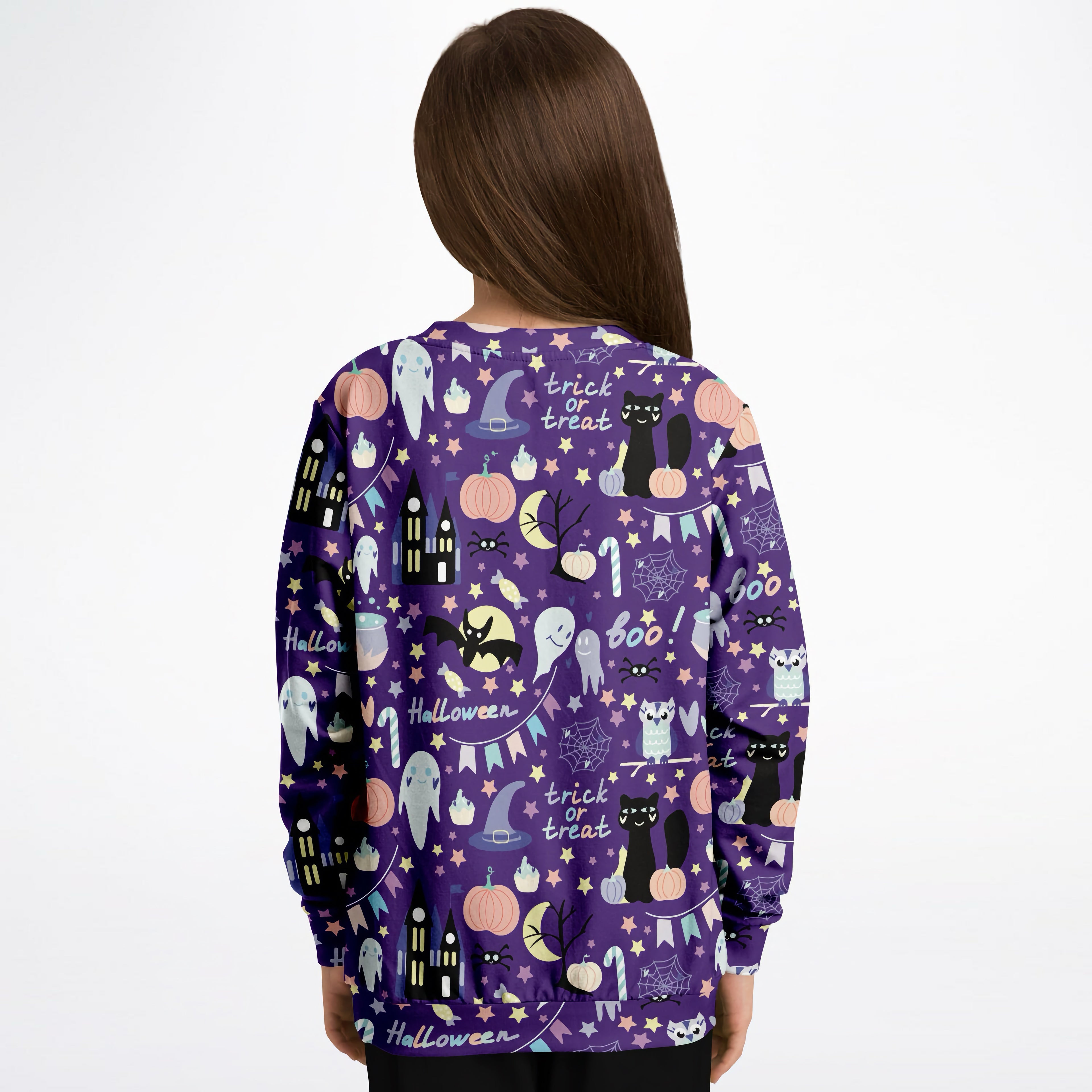 Purple kids spooky halloween sweatshirt with playful ghosts pumpkins cats trick or treat text cozy cotton fleece design