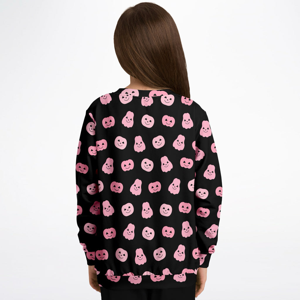 Girls pink pumpkins halloween sweatshirt black long sleeve cotton fleece with pink cartoon pumpkins and ghosts pattern