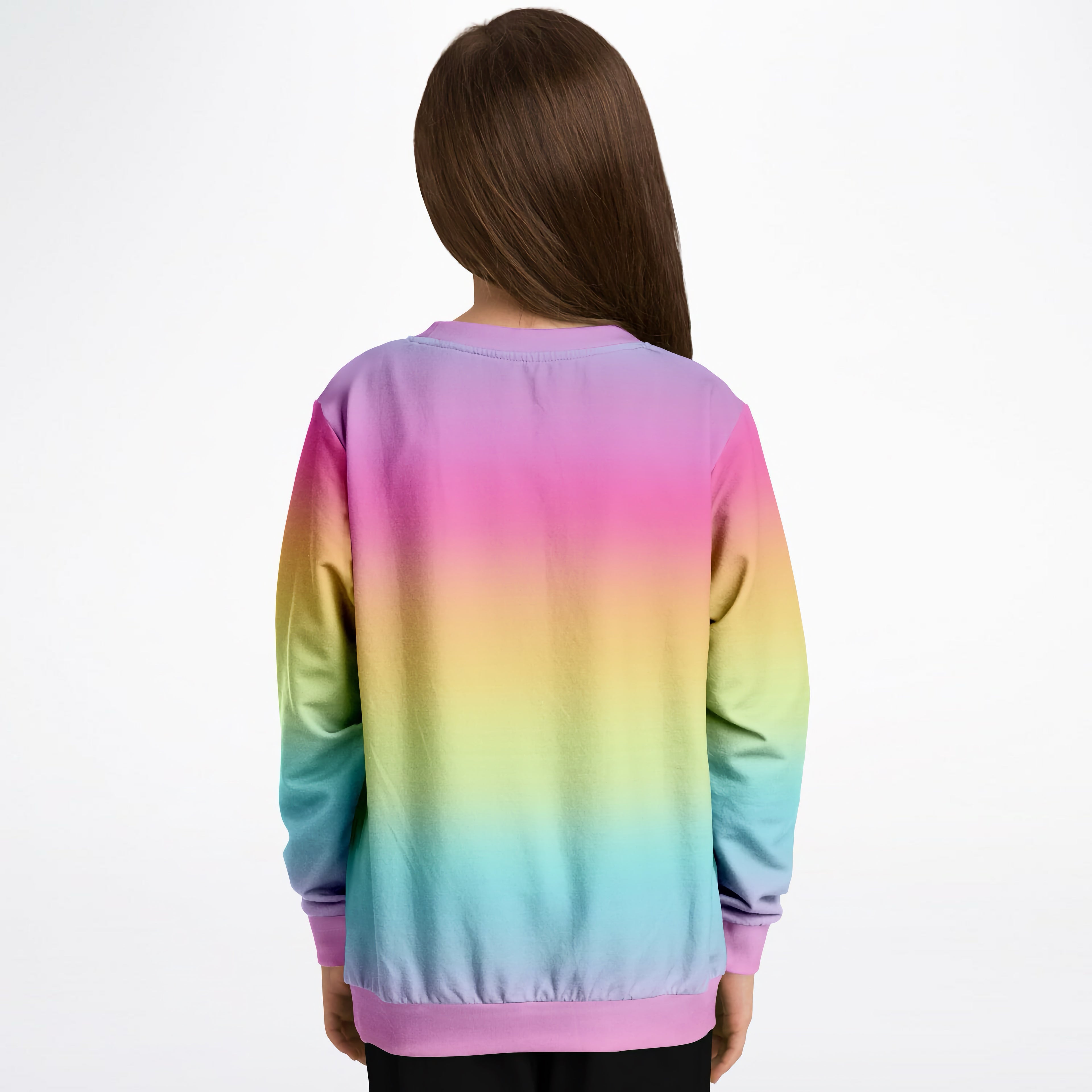 Girls bright rainbow sweatshirt with soft cotton fleece fabric and cozy crew neck for comfortable wear